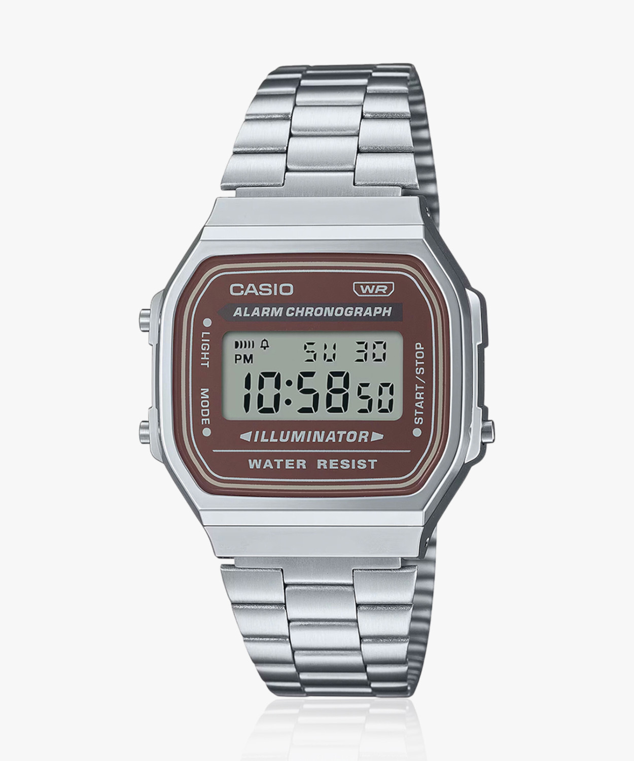 Image of CASIO A168WA-5AYDF Vintage Brown Dial Silver Stainless Steel Band Digital Watch - For Men & Women