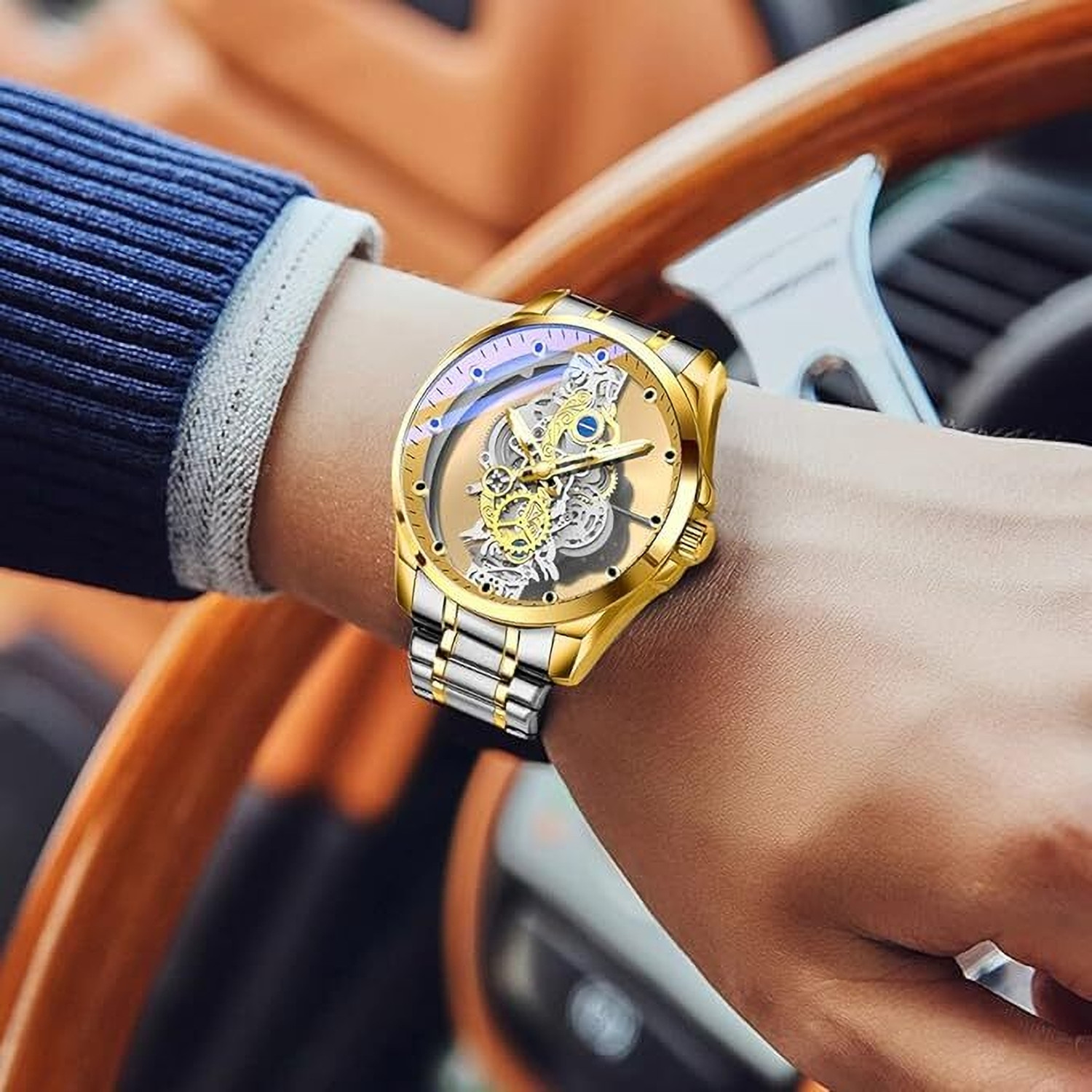 Image of NAYABE Skeleton Watch for Men, Two-Tone Silver and Gold Stainless Steel NAYABE Skeleton Watch for Men, Two-Tone Silver and Gold Stainless Steel Analog Watch - For Boys