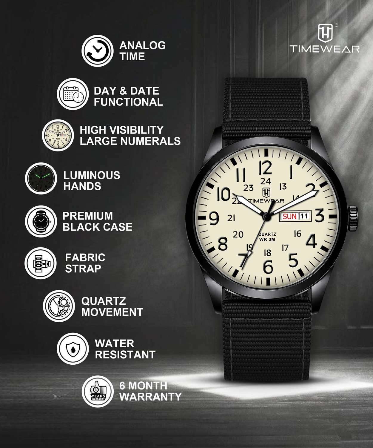 Image of TIMEWEAR 338BBTG TIMEWEAR New Track Number Dial, Day & Date, Black Fabric Strap Analog Watch - For Men