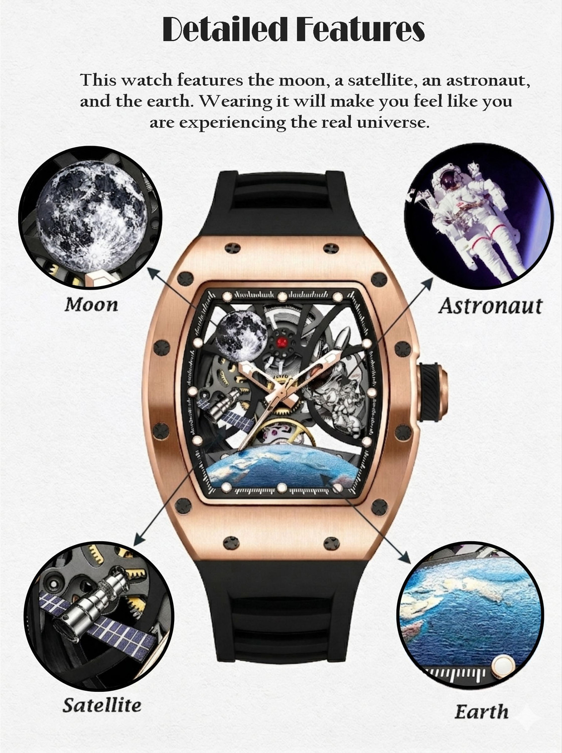 Image of Alix AL2930 Rose Gold Tonneau Case with Astronaut & Moon Motif Black Silicone Strap Analog Watch - For Men