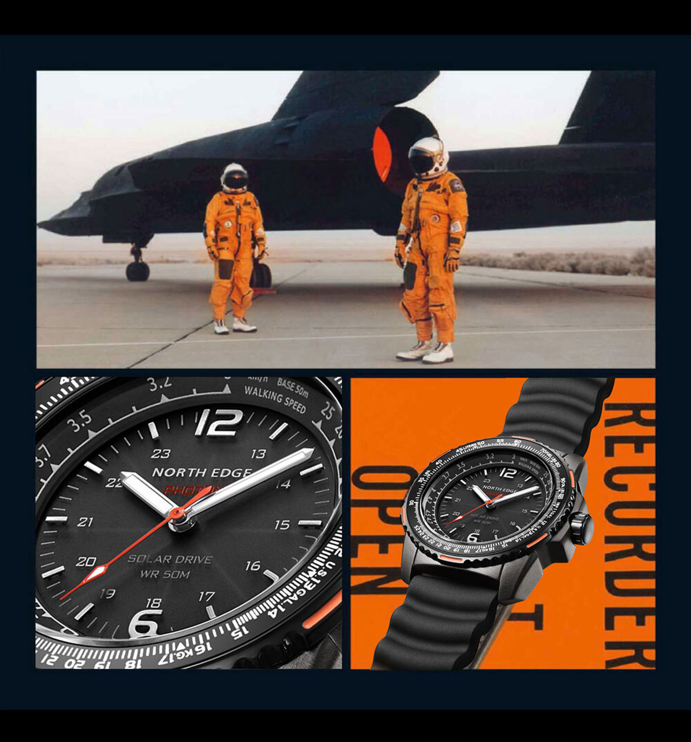 Image of North Edge Photon Solar Drive Military Solar Drive Pilot Analog Quartz Black Dial Analog Watch - For Men