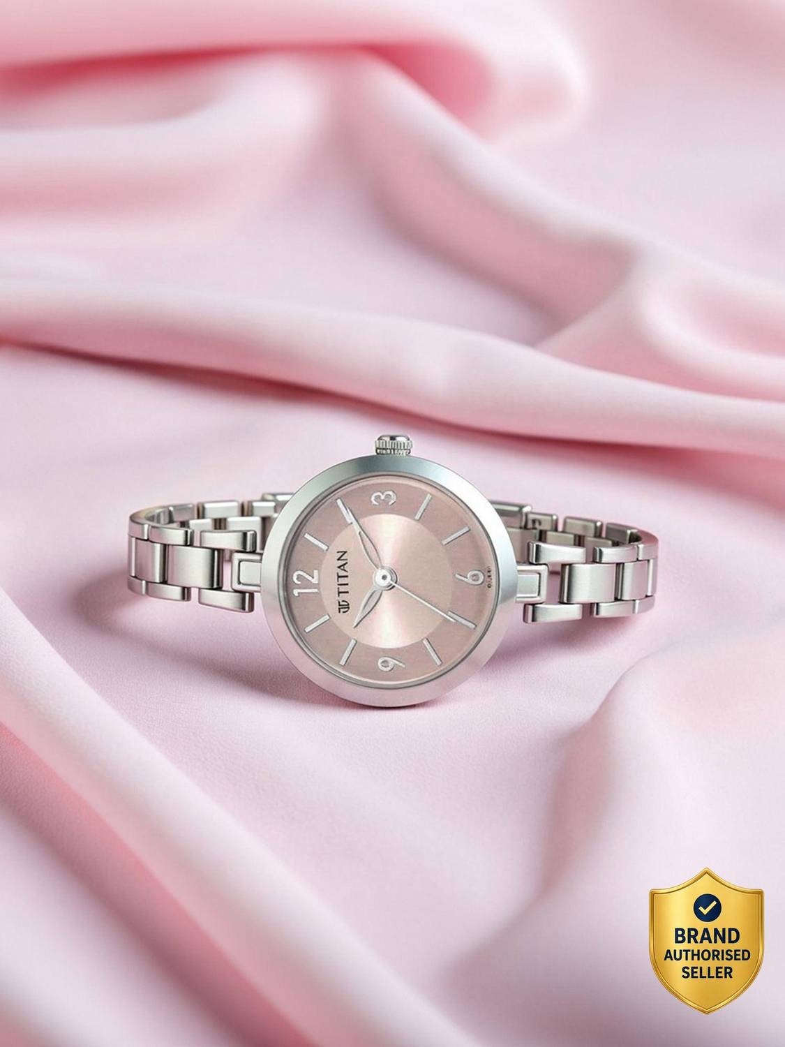 Titan Lagan Quartz Pink Dial Silver Metal Strap Analog Watch for Women