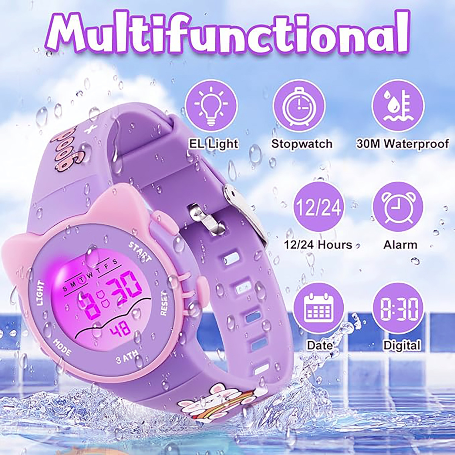 Image of Time Up Printed Strap Kitty Style Printed Cartoon Night Light & Alarm Waterproof Kids(5-13 Years) Digital Watch - For Boys & Girls