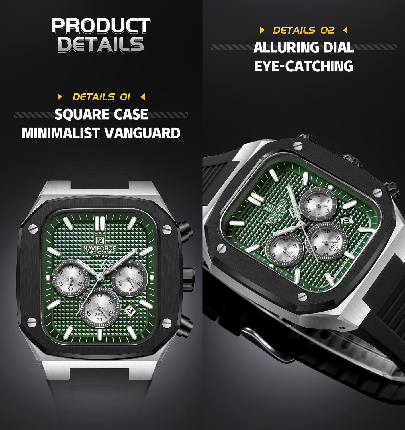 Image of NAVIFORCE Square Case Minimal vangaurd Luminous display dial watch Analog Watch - For Men
