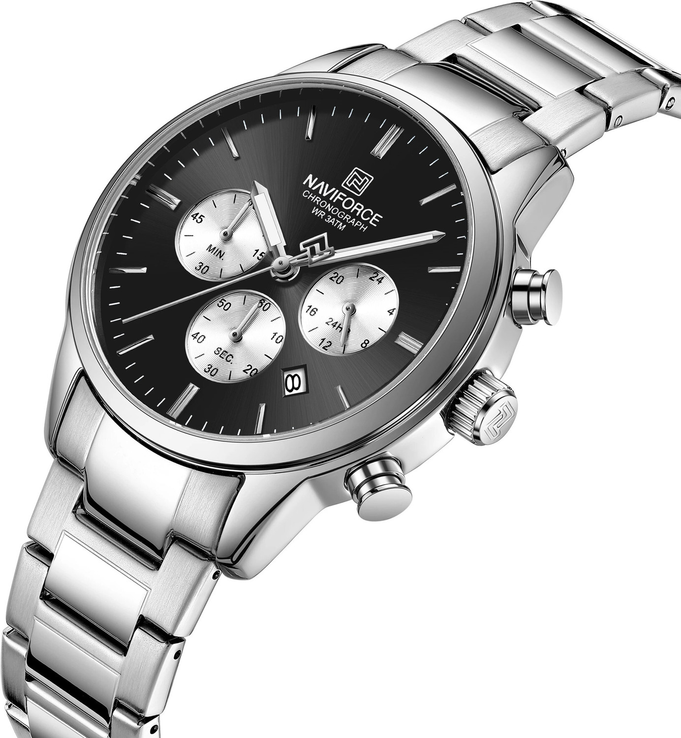 Image of NAVIFORCE NF8076 Classic Silver-Black Multifunctional Date Display Analog Watch - For Men