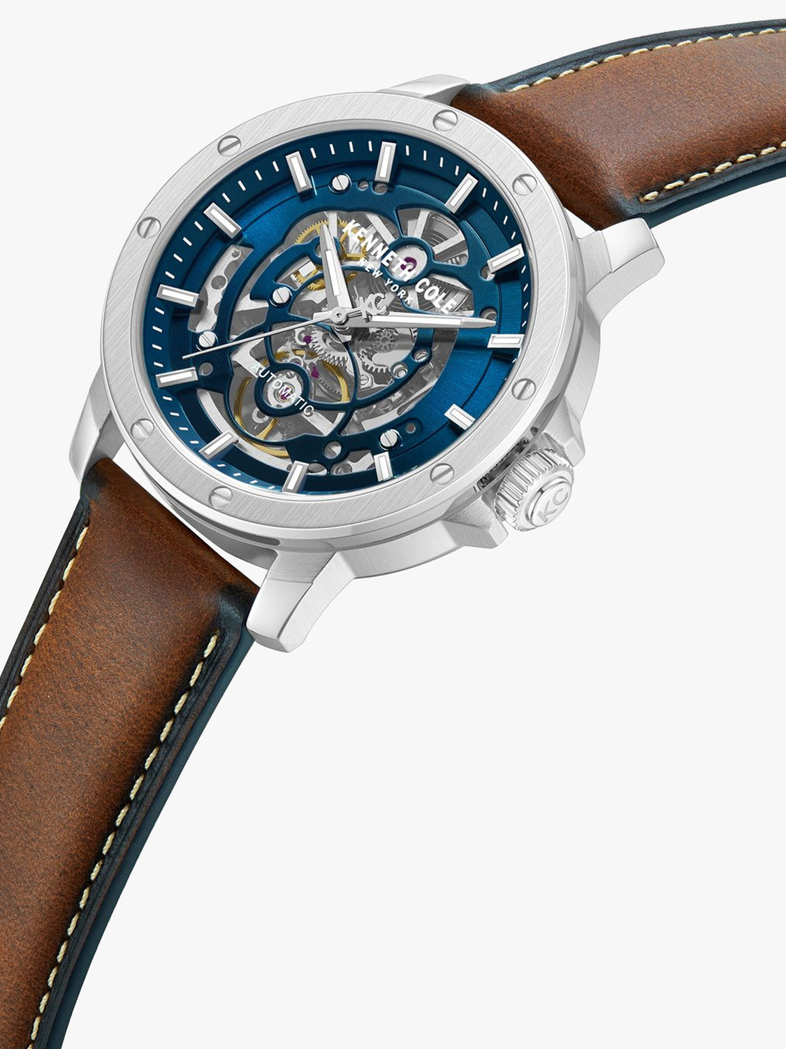 Image of Kenneth Cole Automatic Blue Dial Tan Genuine Leather Strap Analog Watch - For Men KCWGX0088905MN,KCWGX0088905MNW