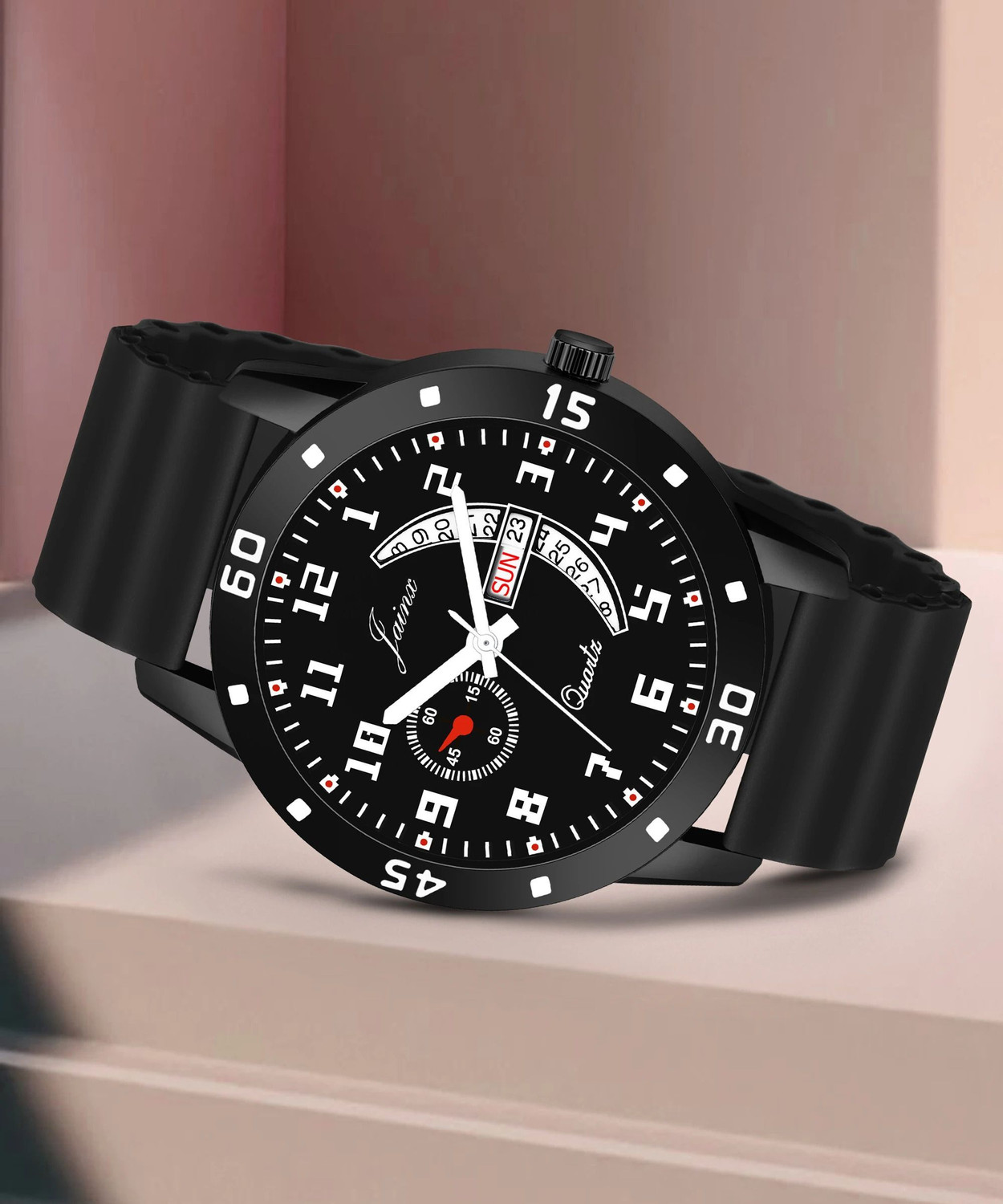 Image of JAINX Black Day and Date Dial Silicone Band Analog Watch - For Men