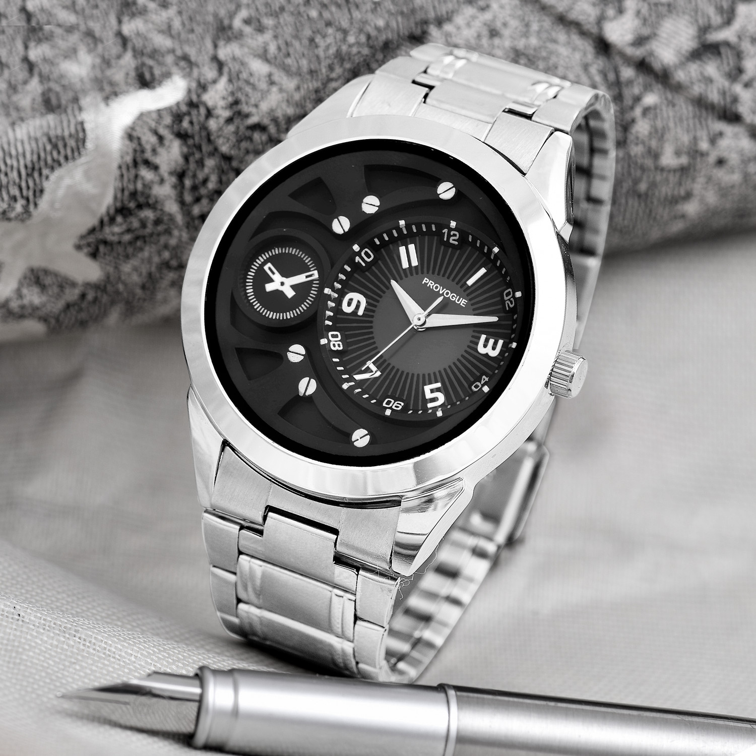 Image of PROVOGUE Fashionable Silver Case with Textured Black Dial Analog Watch - For Men