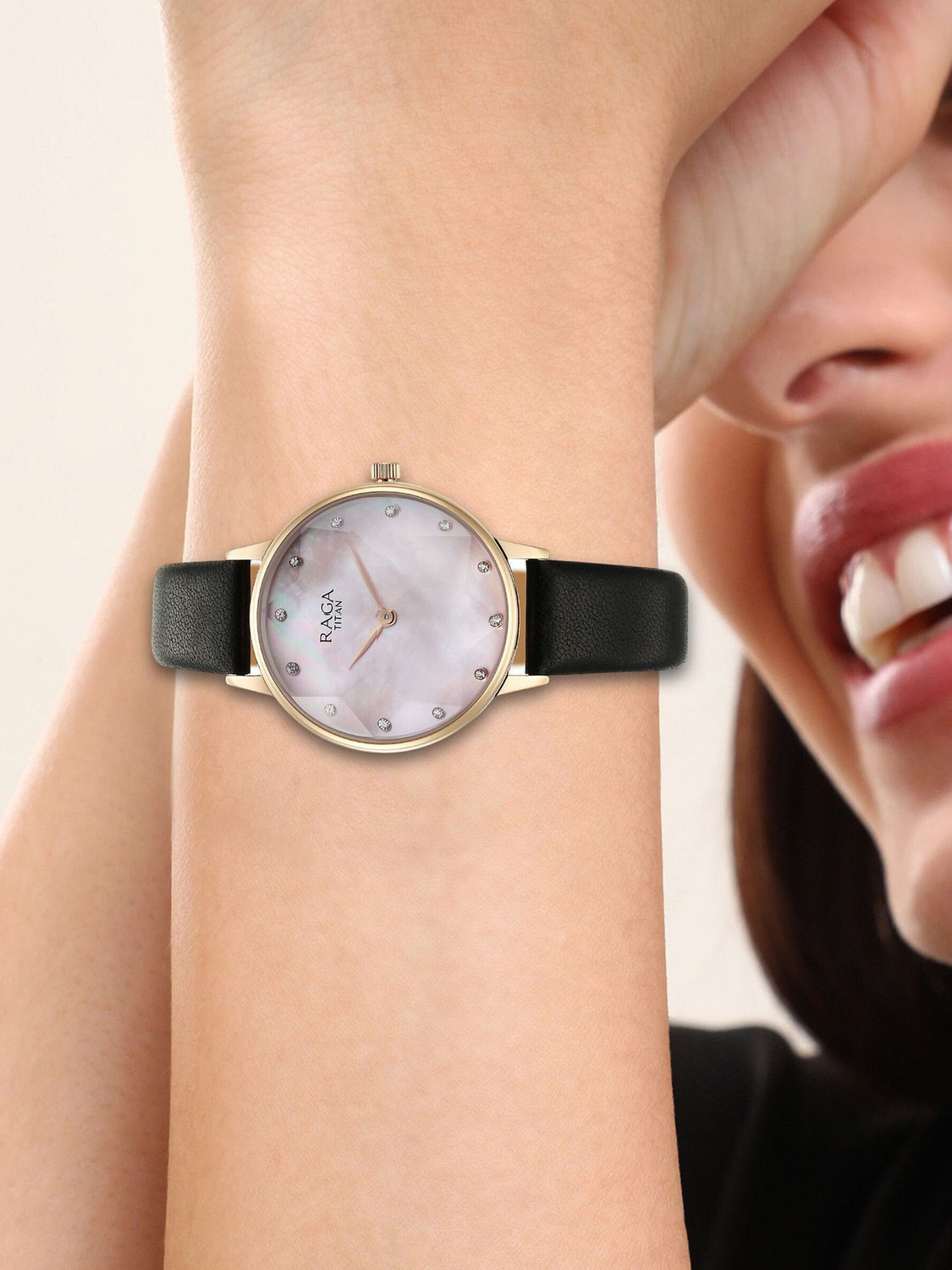 Image of Titan Titan Raga Showstopper Pink MOP Dial Black LeatherStrap Analog Watch - For Women