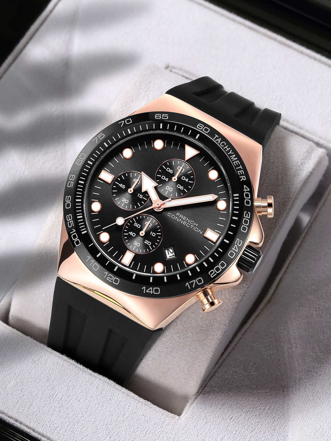 Image of French Connection Black Sunray Round Dial | Black Silicone Chronograph Watch for Men Analog Watch - For Men