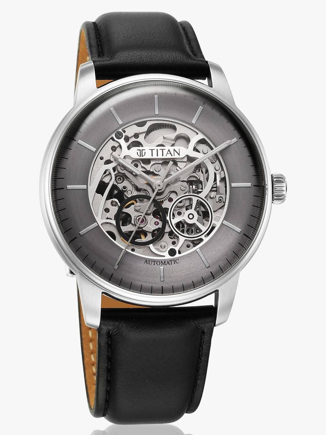Titan Mechanical Automatic Grey Dial Black Leather Strap Watch - Image 3