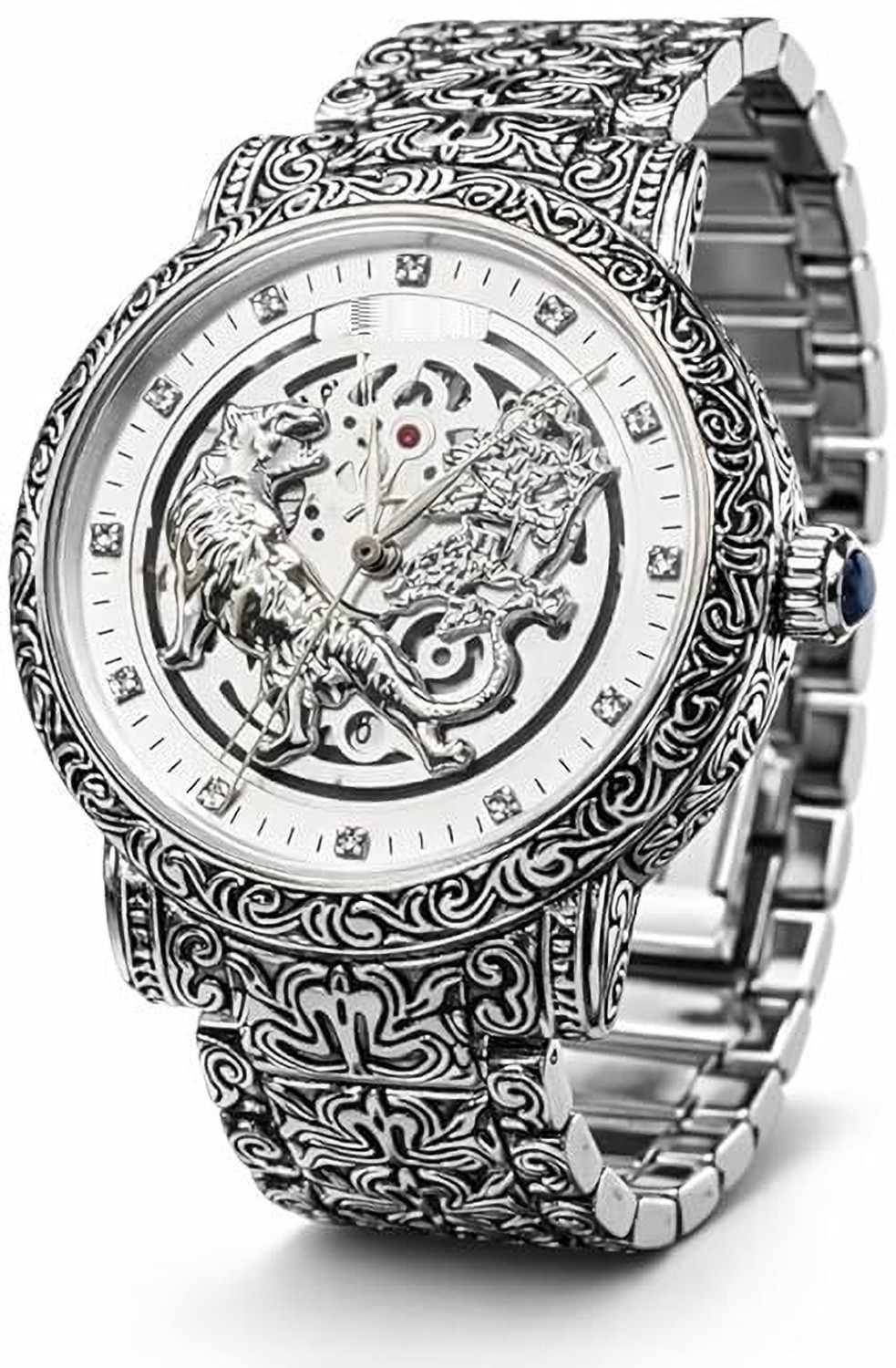 Image of paltinum Men watch Tiger Dial Silver Quartz Analog Wristwatch, Engraved Stainless Steel Bracelet Analog Watch - For Men