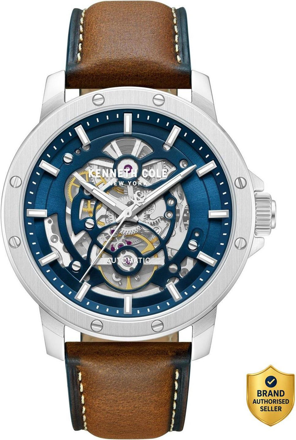 Image of Kenneth Cole Automatic Blue Dial Tan Genuine Leather Strap Analog Watch - For Men KCWGX0088905MN,KCWGX0088905MNW