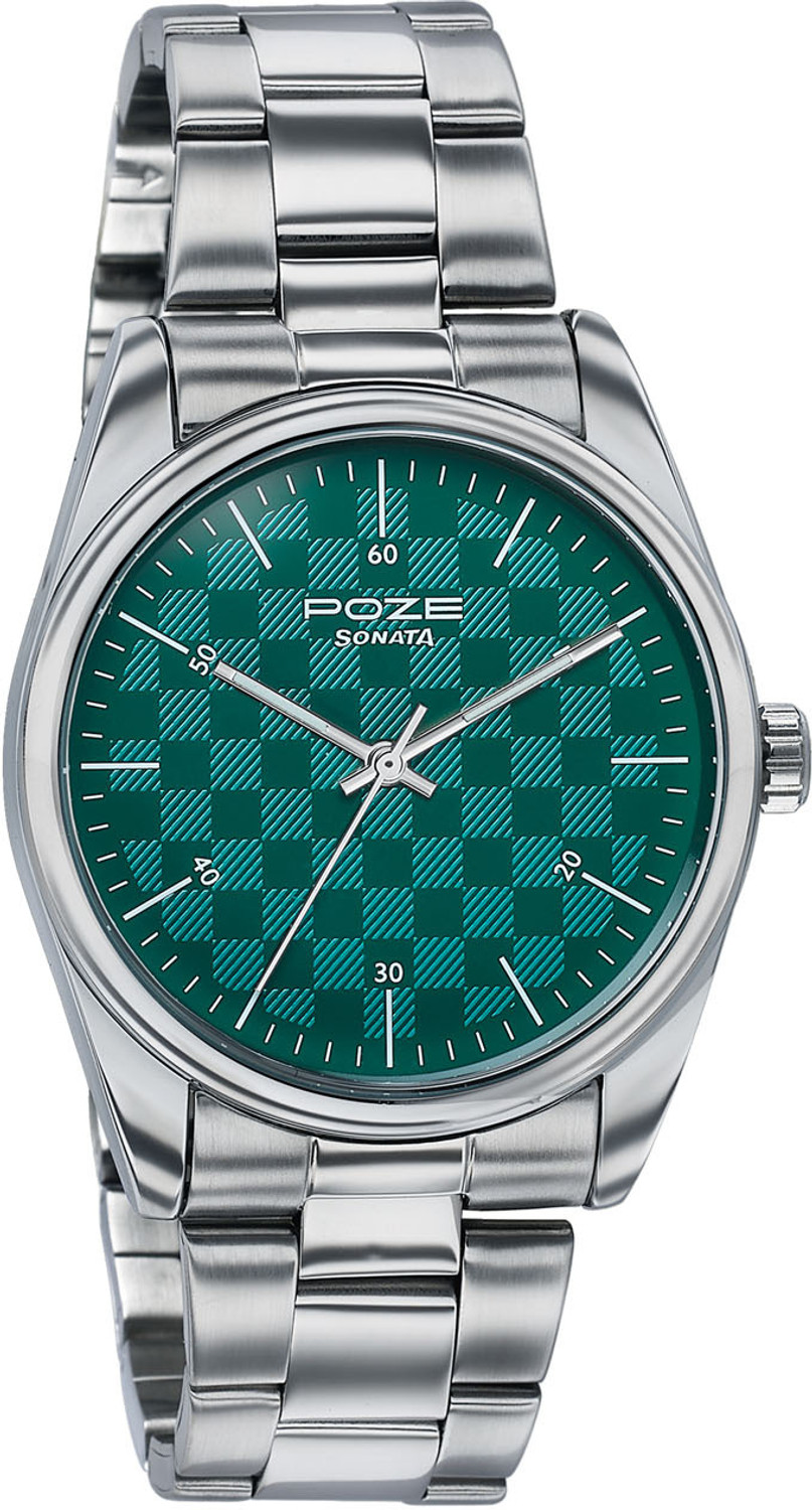 Image of SONATA Poze Drop 9.1 Poze 9 Quartz Green Dial Silver Strap Analog Watch - For Men