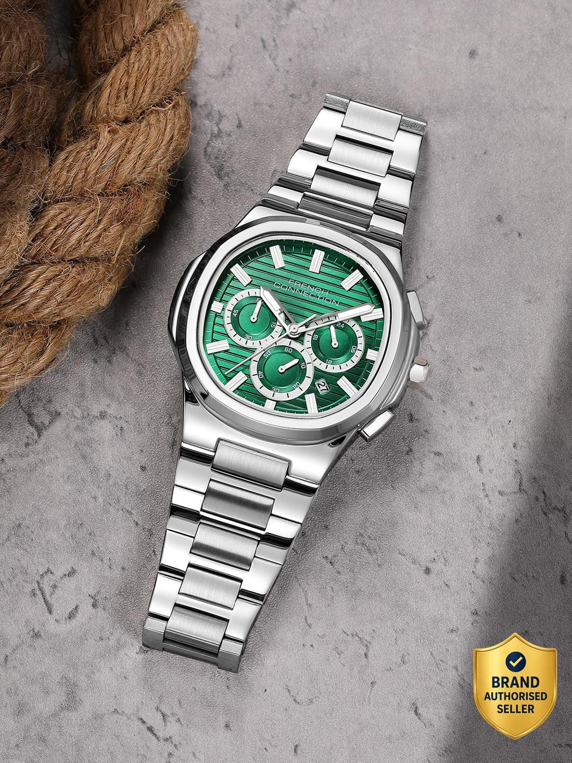 Image of French Connection Green Sunray Octagonal Dial | Silver Stainless Steel Chronograph Watch for Men Analog Watch - For Men