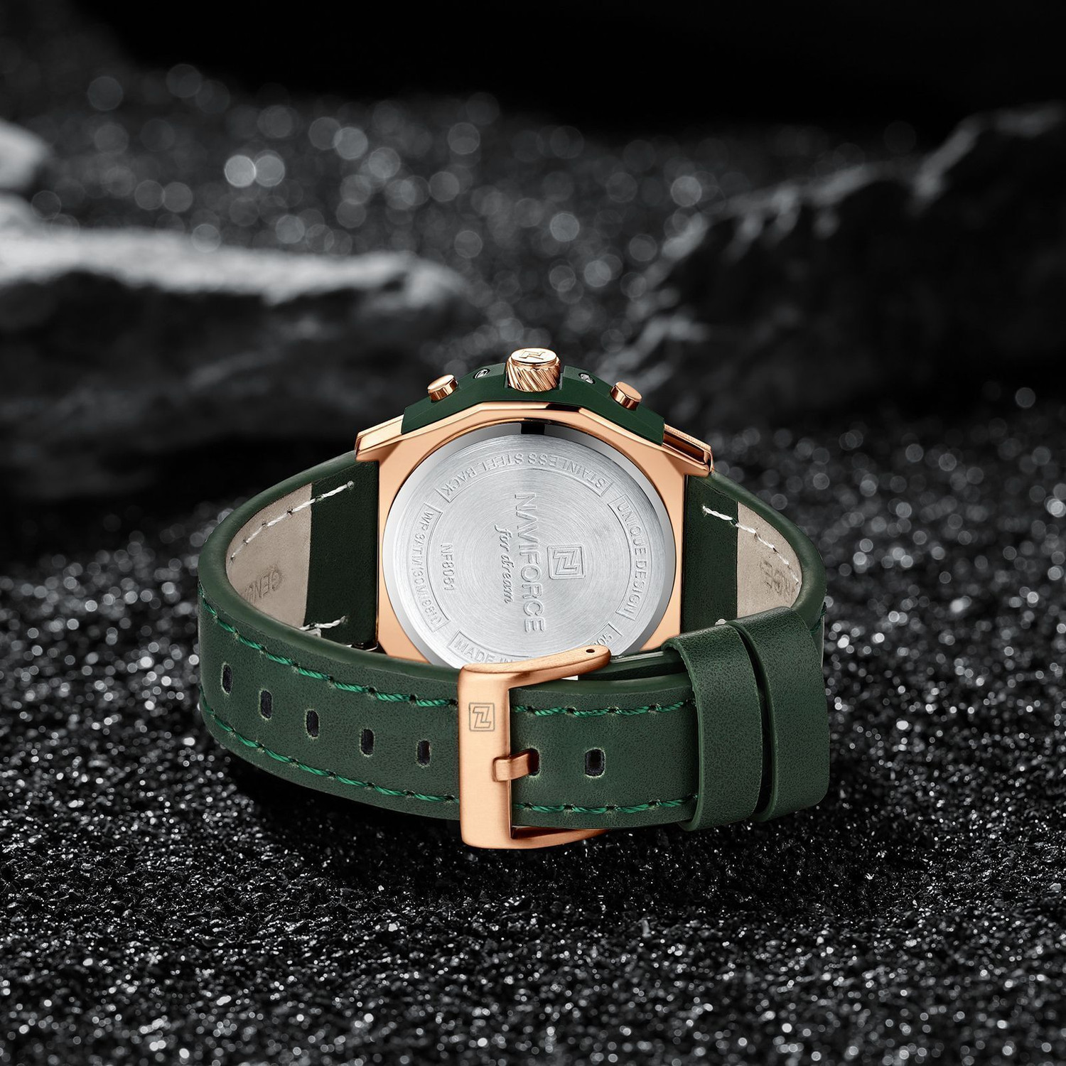 Image of NAVIFORCE NF8051L Distinctive and Elegant Rosegold and Green color Genuine Leather Analog Watch - For Men
