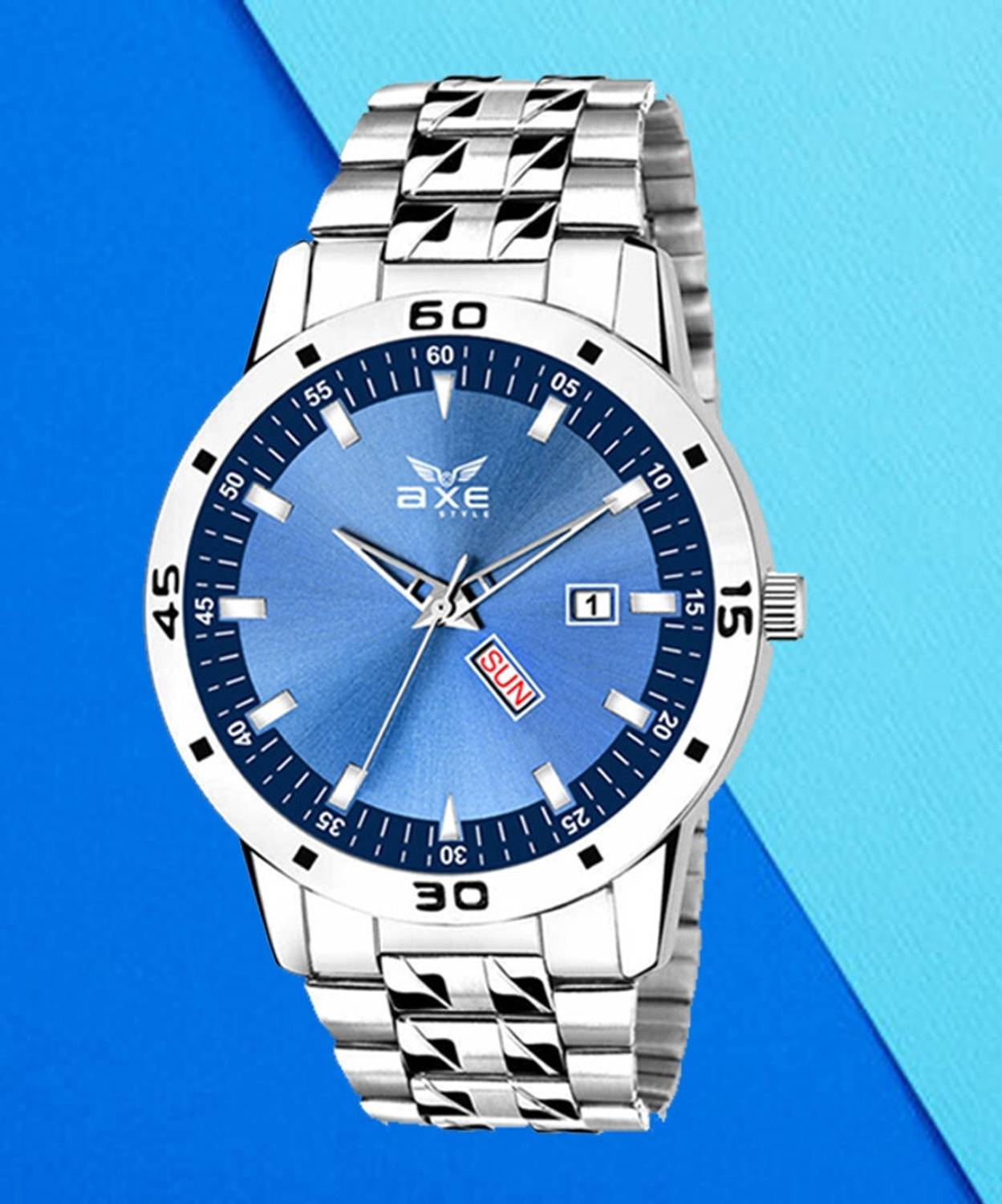 AXE Style XDD-1031 Blue Day & Date Steel Chain Watch & Branded