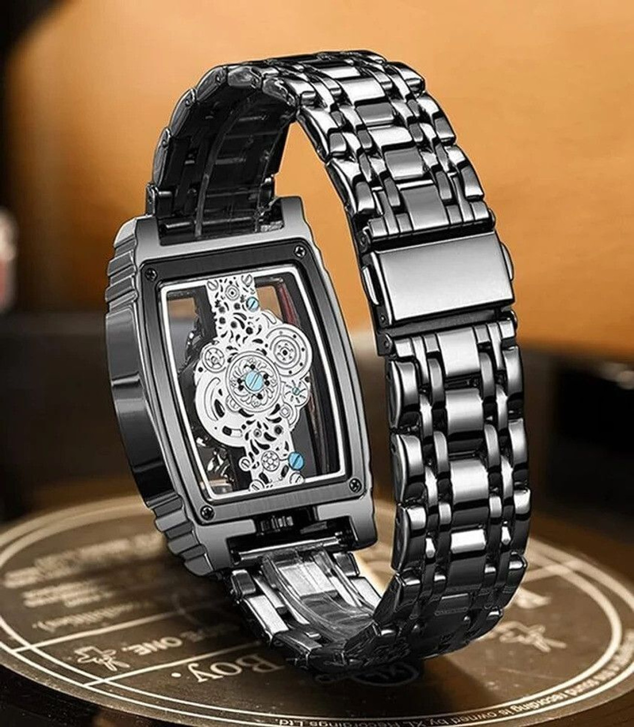 Image of glowgreen MSG2880 Rectangle Tonneau Large Dial Stainless Steel Band Quartz Wristwatch Analog Watch - For Men
