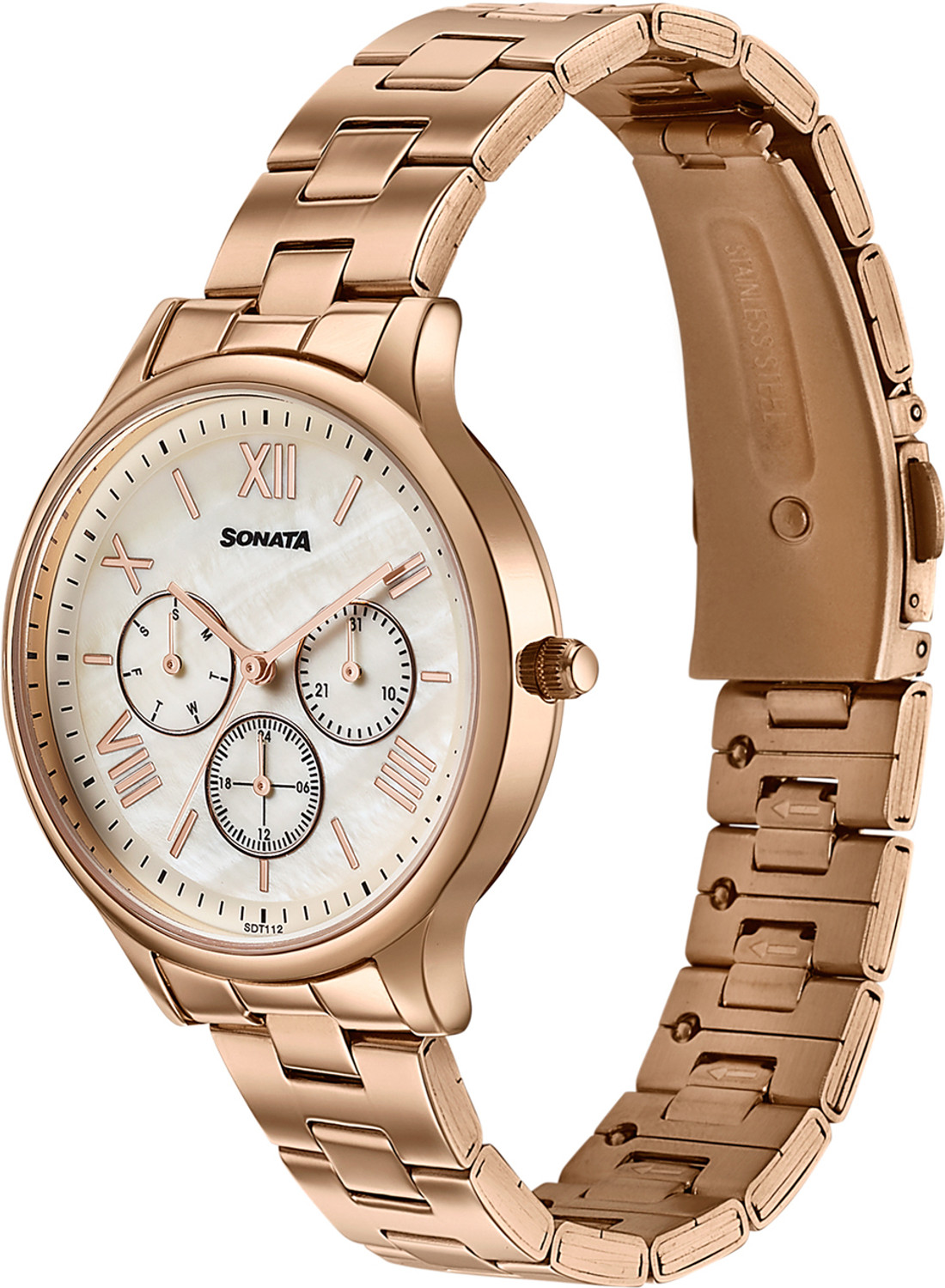 Image of SONATA Axis Sonata Axis Ivory MOP Premium Multifunction design Dial IP RG Strap Analog Watch - For Women