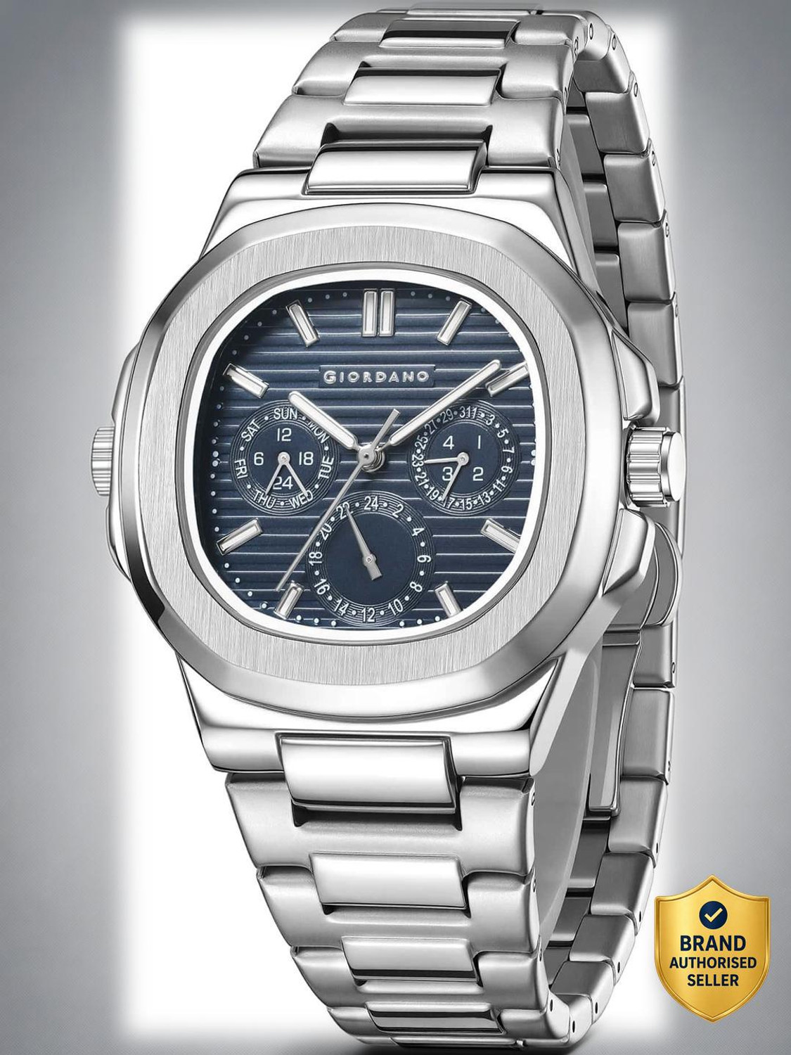 Image of GIORDANO Multifunction Watch Texture Dial Cushion Case Luminous Index Marker Stainless Strap Day Date Display Analog Watch - For Men