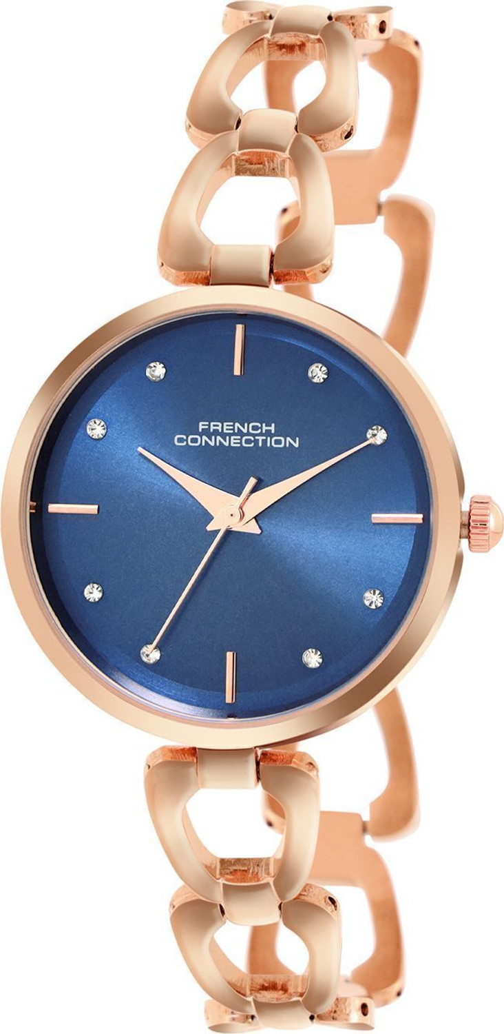 Image of French Connection Rhinestones Blue Sunray Dial | Women's Rose Gold Analog Watch Analog Watch - For Women