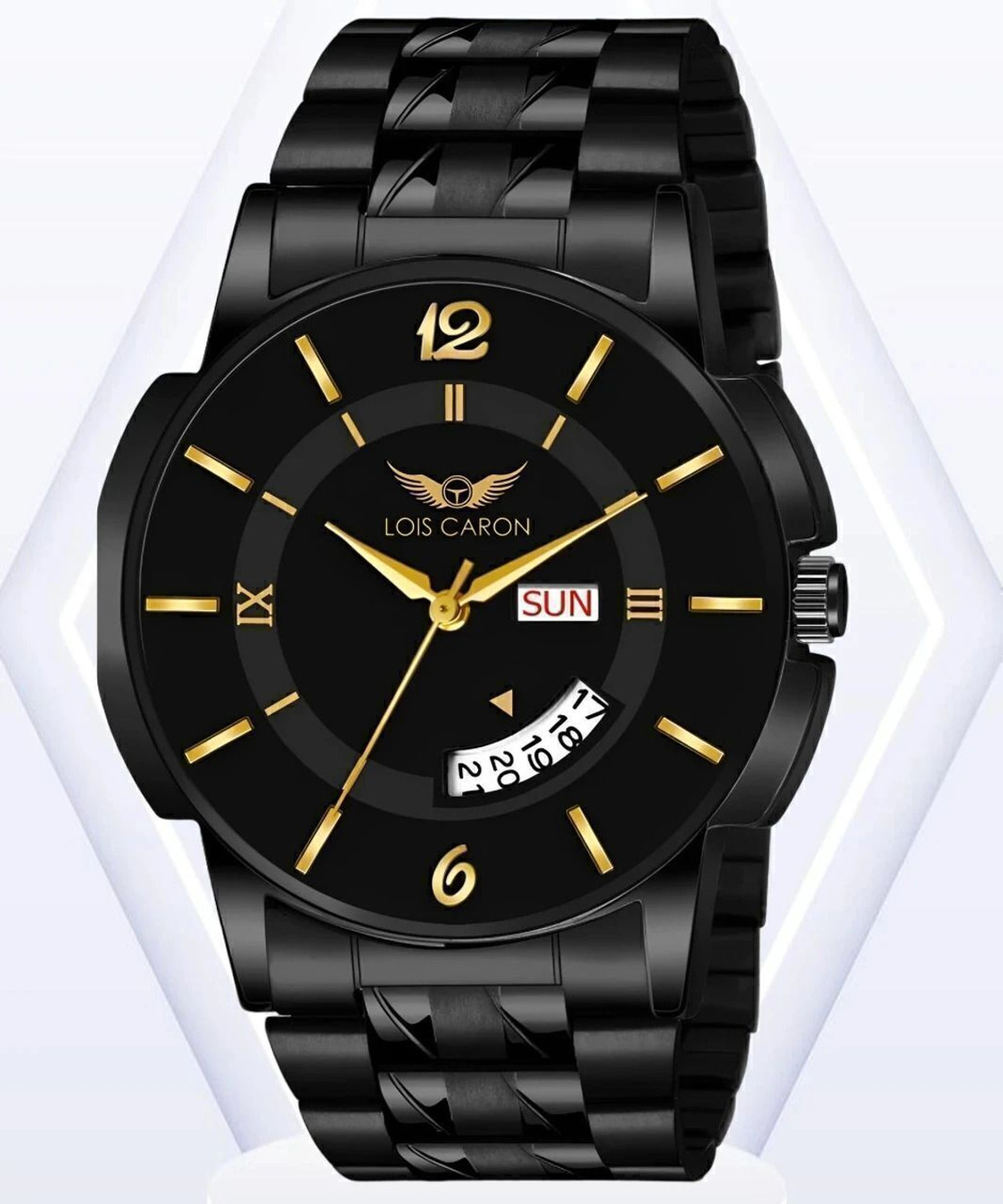 Image of LOIS CARON LCS-8573 Black Dial Gold Marker Day & Date Functioning Long Life Black Plated Chain Analog Watch - For Men