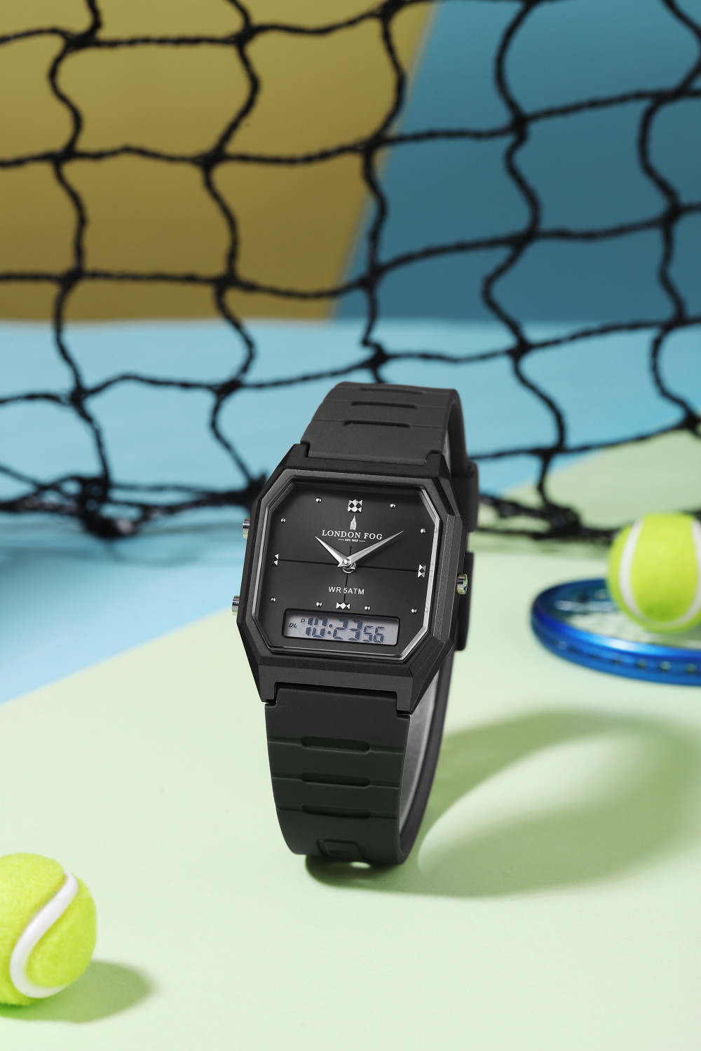 Image of London Fog Black Dial, Octagonal Black Case, Dual Time Display and Black Silicone Strap Analog-Digital Watch - For Men
