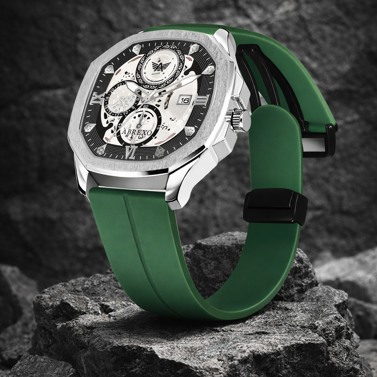 Image of ABREXO Abx8333-SL BK GRN MGT ST Chronograph Look Date Working Green Magnet Silicon Strap Quartz Watch For Boys Analog Watch - For Men