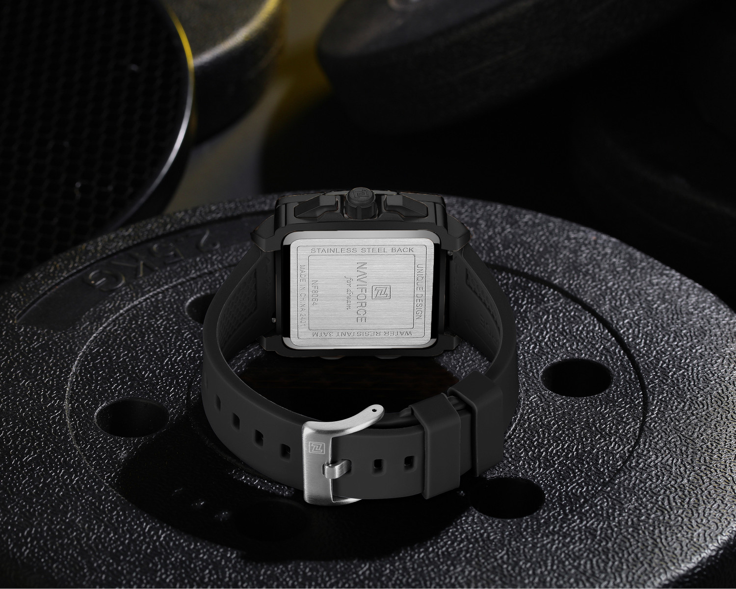 Image of NAVIFORCE NF8064 Elegant Square Black accents chronograph dial with Black Silicon strap Analog Watch - For Men