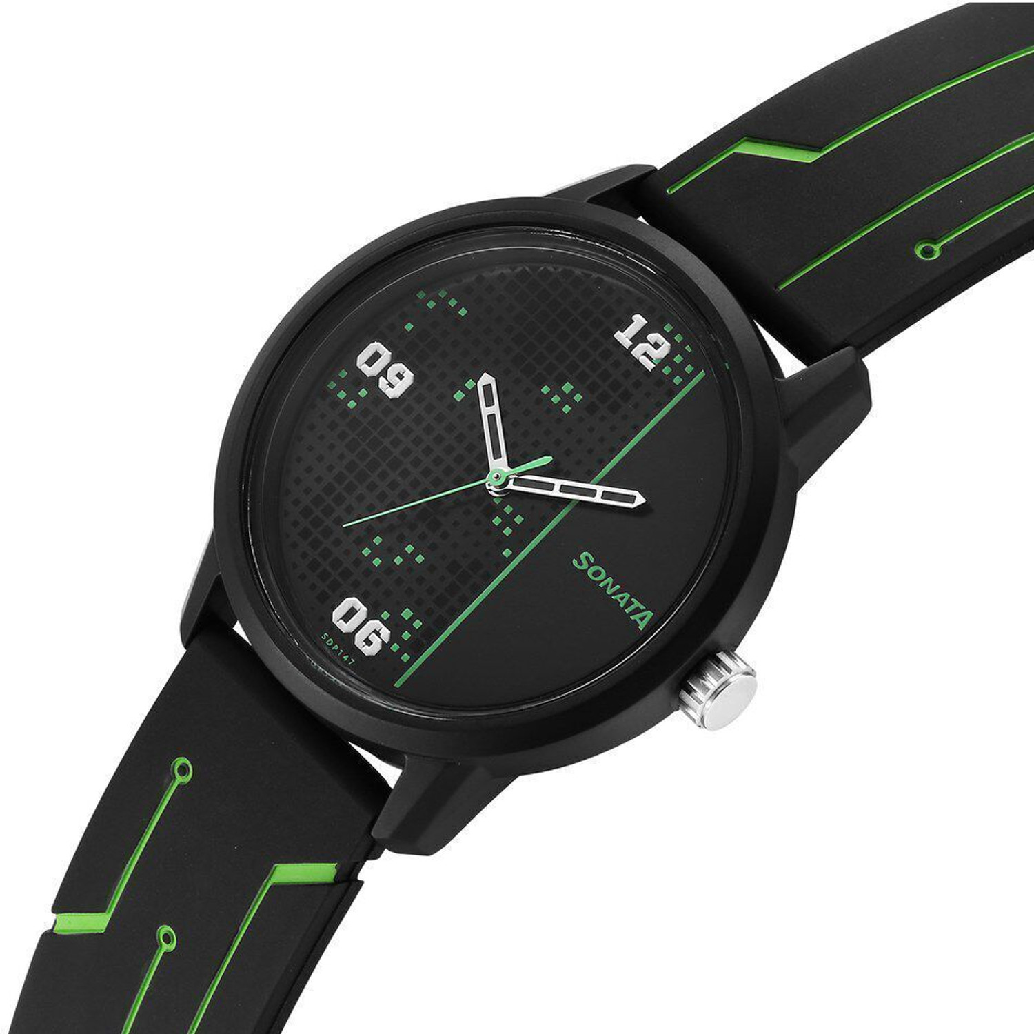 Image of Sonata Volt Black Dial Black Polyurethane Strap Analog Watch - For Men NT77085PP21W,NU77085PP21W