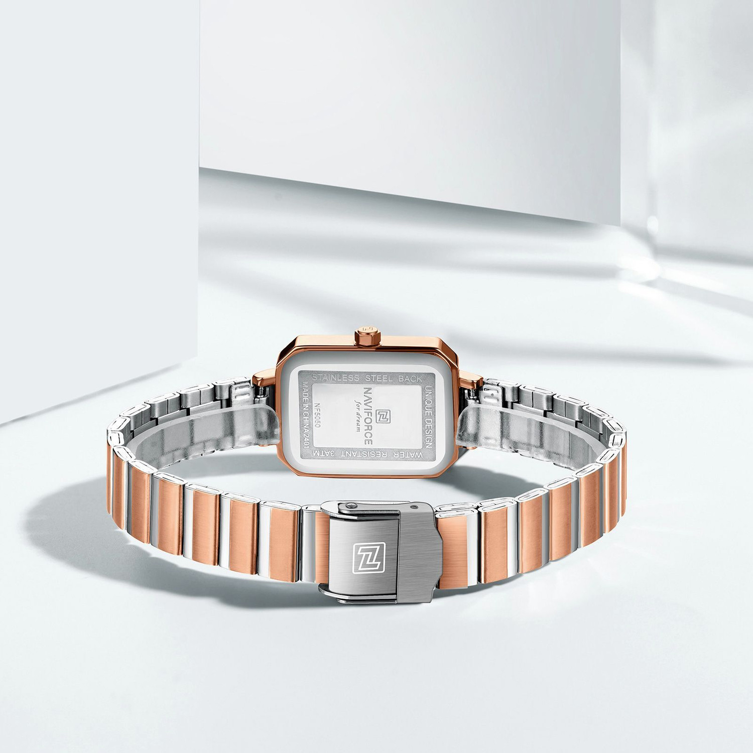 Image of NAVIFORCE NF5050 Blue Marble Texture Rectangle Dial With Silver-Rosegold Stainless Steel Strap Analog Watch - For Women