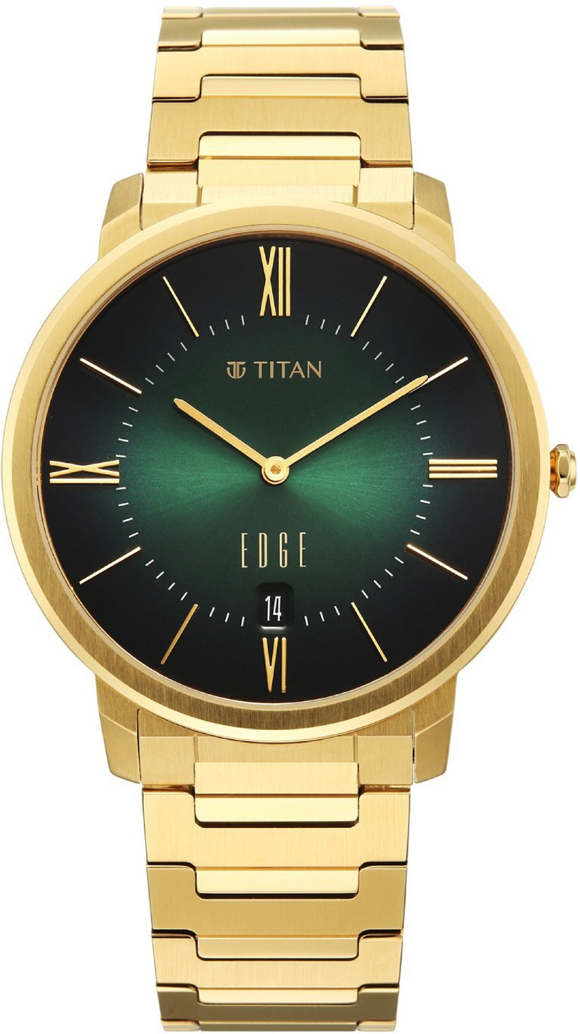 Image of Titan Edge Meister Edge Meister 2Hands+Date Green Dial Gold Plated Stainless Steel 316L Strap Analog Watch - For Men