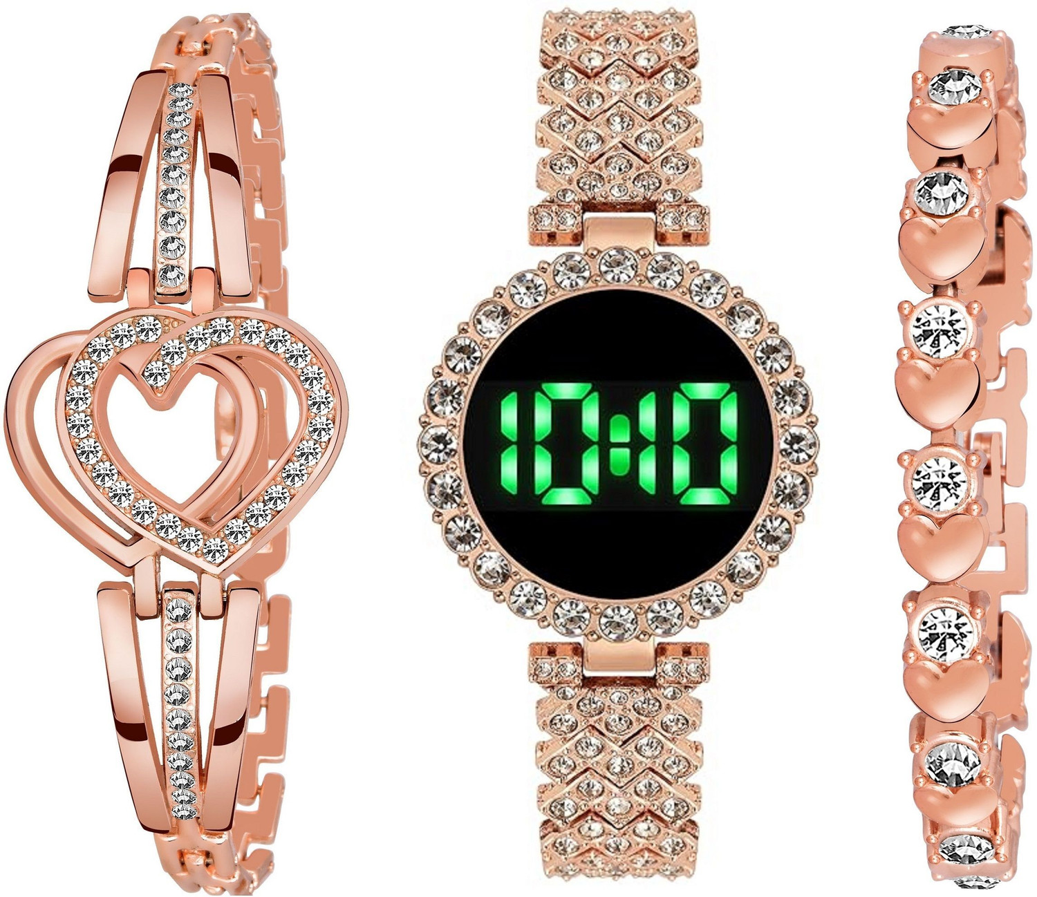 Image of MAAN INTERNATIONAL 803-Rosegold Diamond Studded Round Dial Touch Screen with Bracelet Combo Metal Strap Digital Watch - For Women