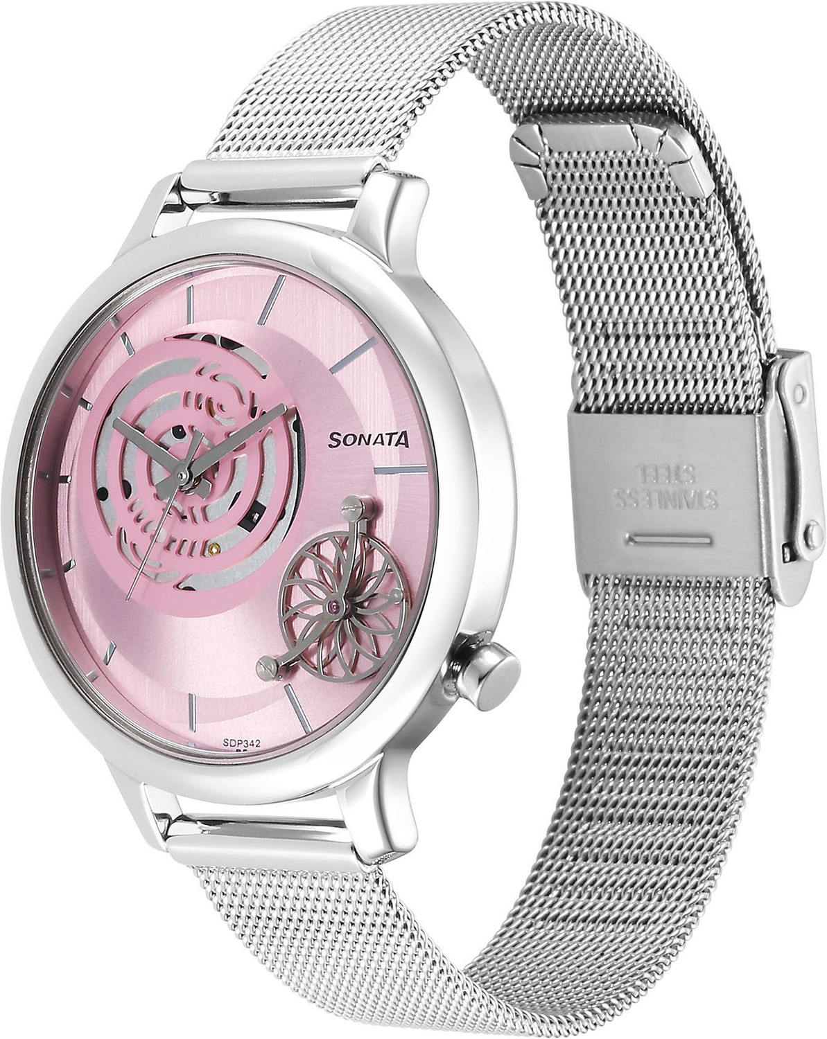 Image of SONATA Unveil- 3.0 Sonata Unveil Pink Dial Silver Stainless Steel Strap Analog Watch - For Women