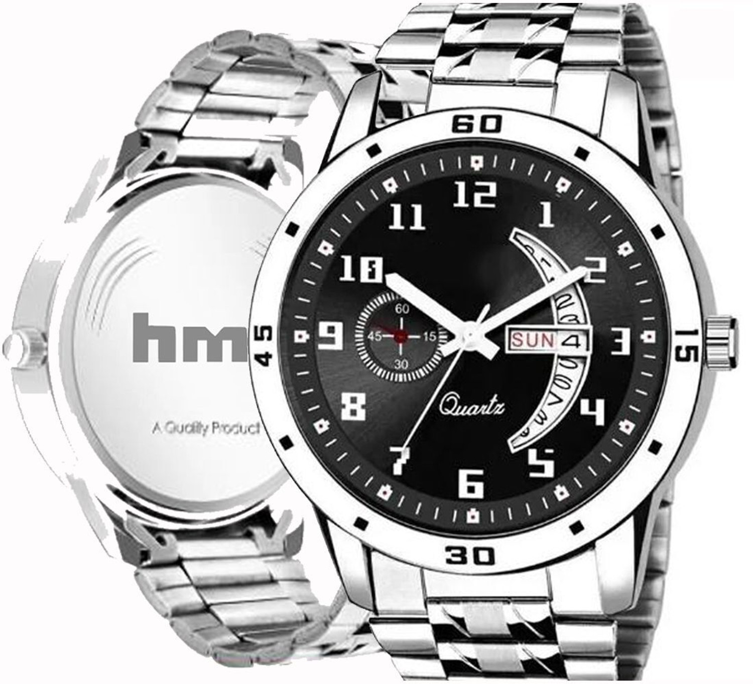 Image of HMT DLD Stainless Steel 494 Black Day & Date Series Original Black HMTS Quartz Steel Wrist Watch Analog Watch - For Men
