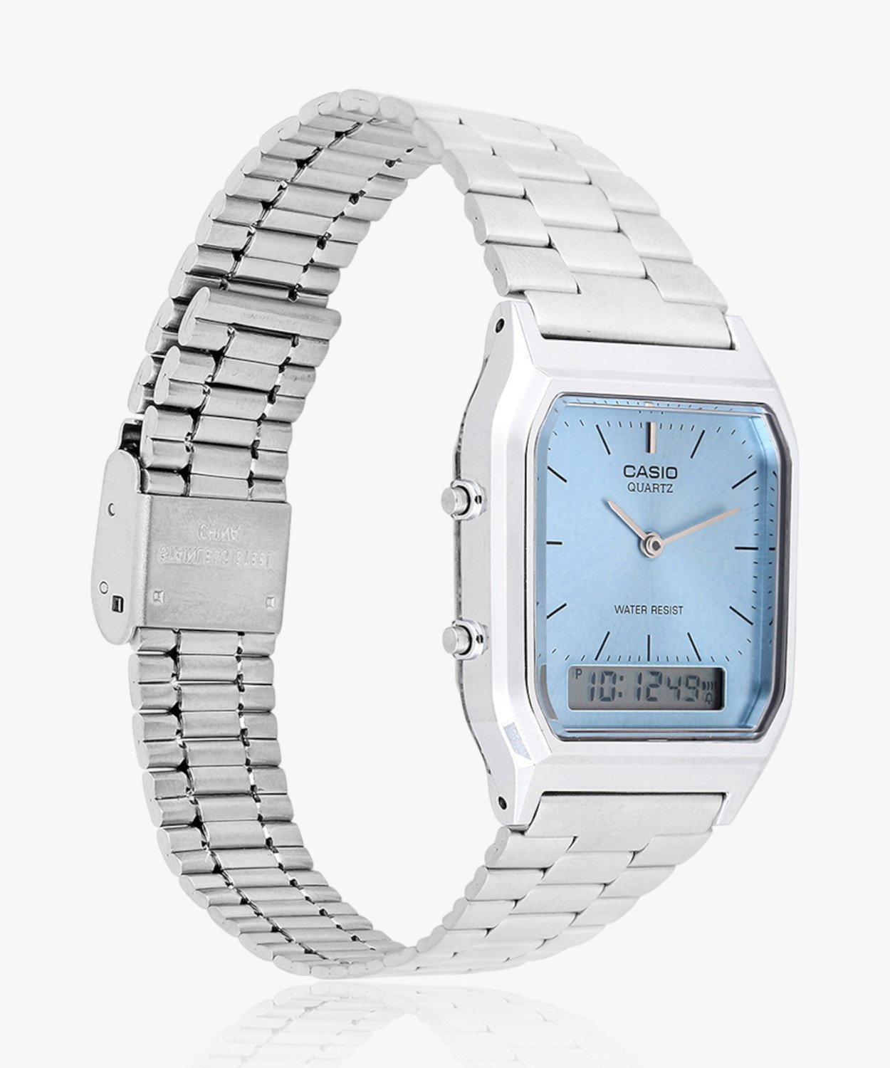 Image of CASIO AQ-230A-2A1MQYDF Vintage Blue Dial Silver Stainless Steel Band Analog-Digital Watch - For Men & Women