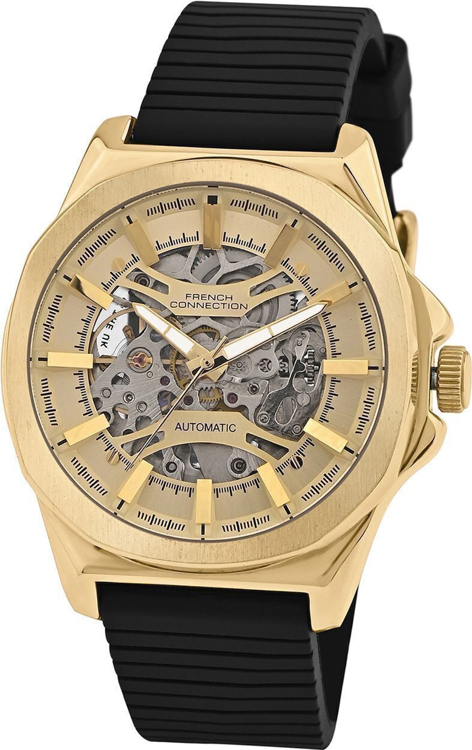 Image of French Connection Mechalume MECHALUME See Through Champagne Round Dial | Men's Black Automatic Watch Analog Watch - For Men