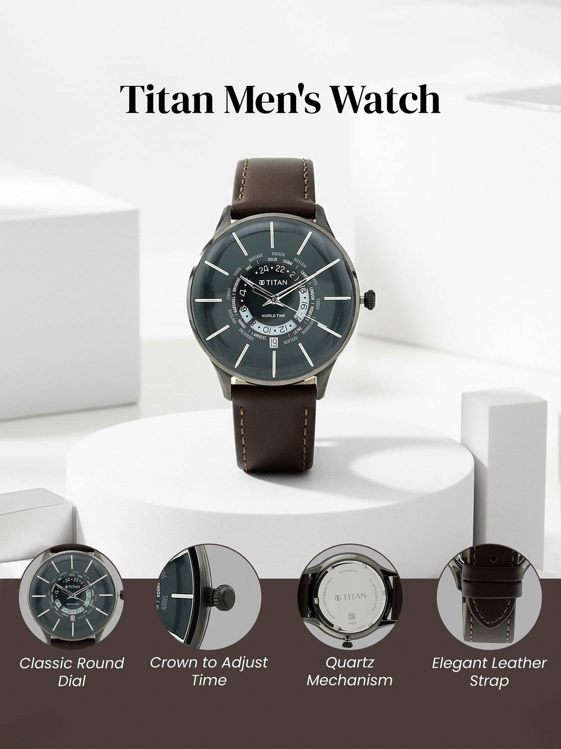 Titan World Time Green Dial Brown Leather Men's Watch - Image 4