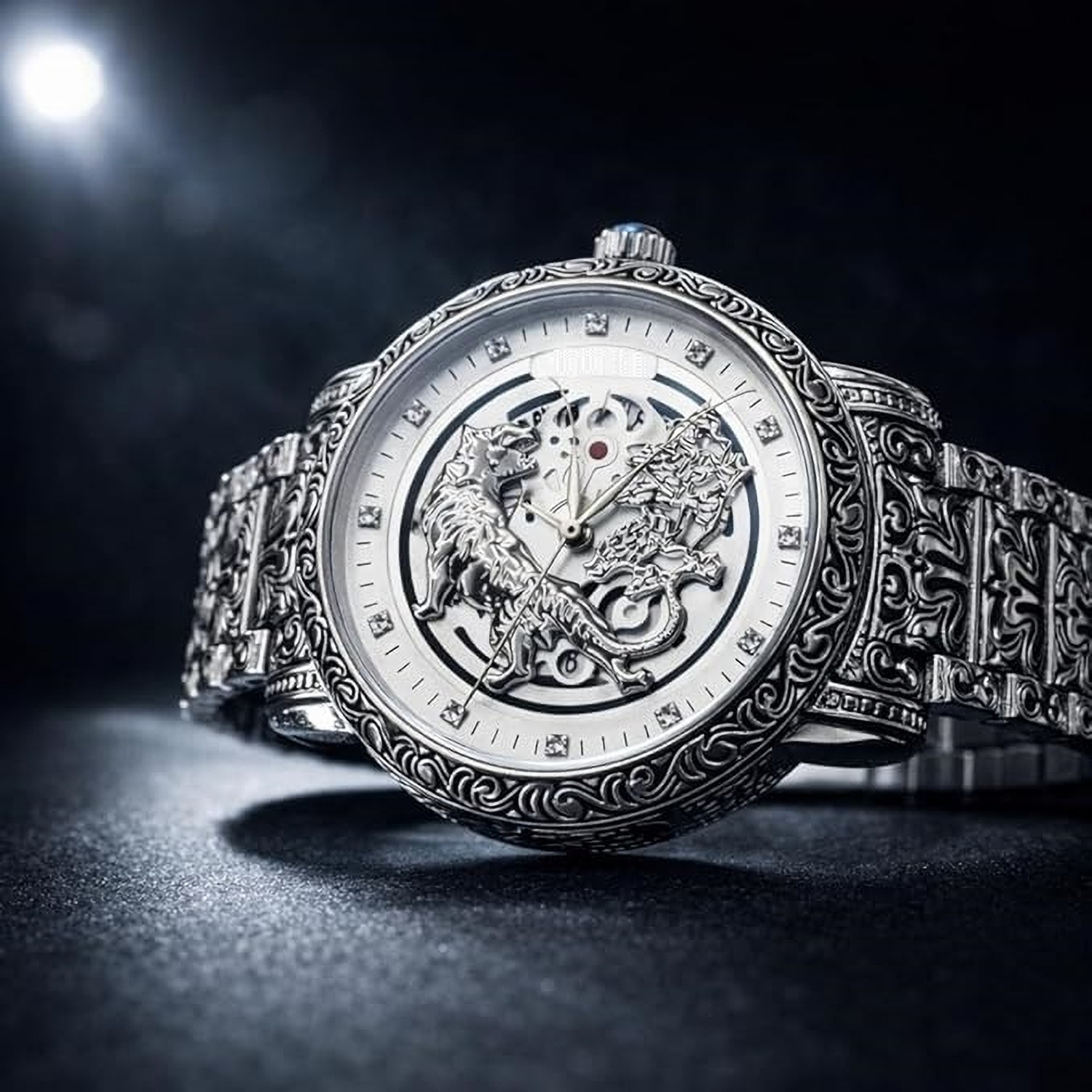 Image of paltinum Men watch Tiger Dial Silver Quartz Analog Wristwatch, Engraved Stainless Steel Bracelet Analog Watch - For Men
