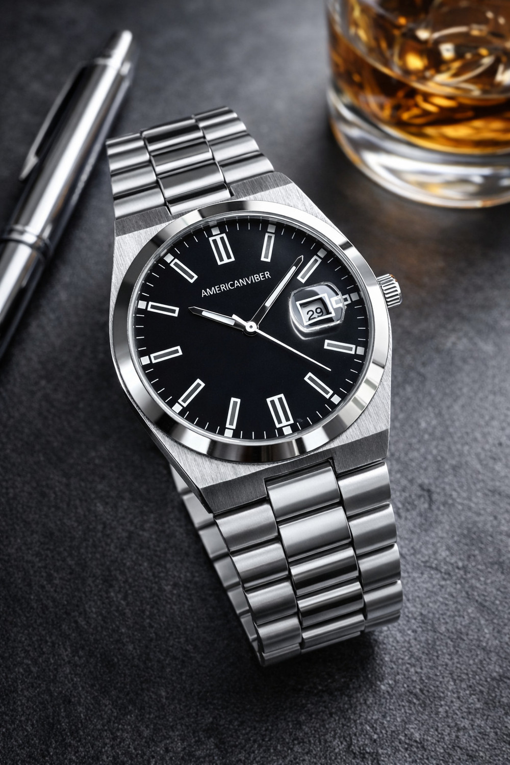 Image of Americanviber AVM0036 Premium Steel Chain Classic Men Watch | 3D Date Window | Adjustable Belt Design Analog Watch - For Men