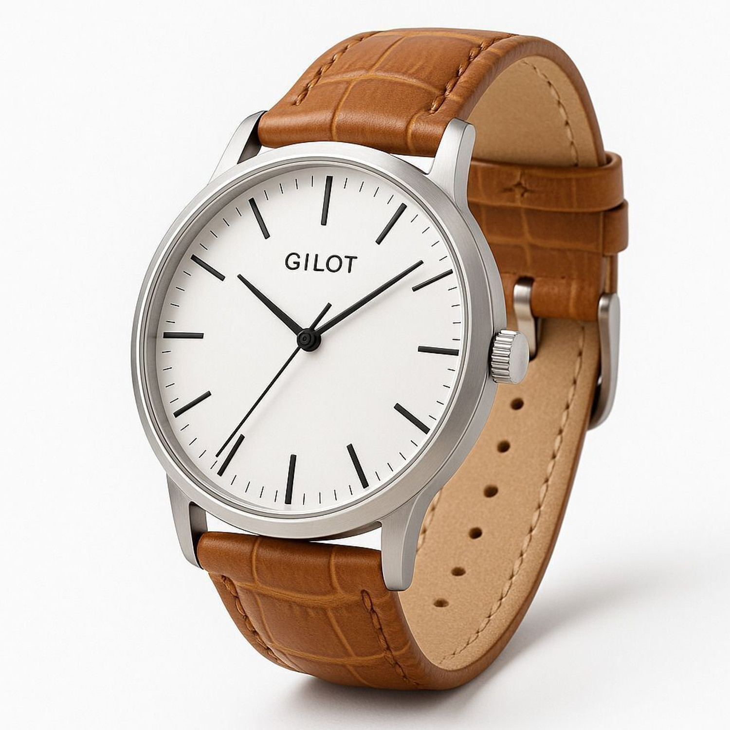 Image of GILOT Minimalist White Dial Brown Leather Strap Silver Case Analog Watch - For Men
