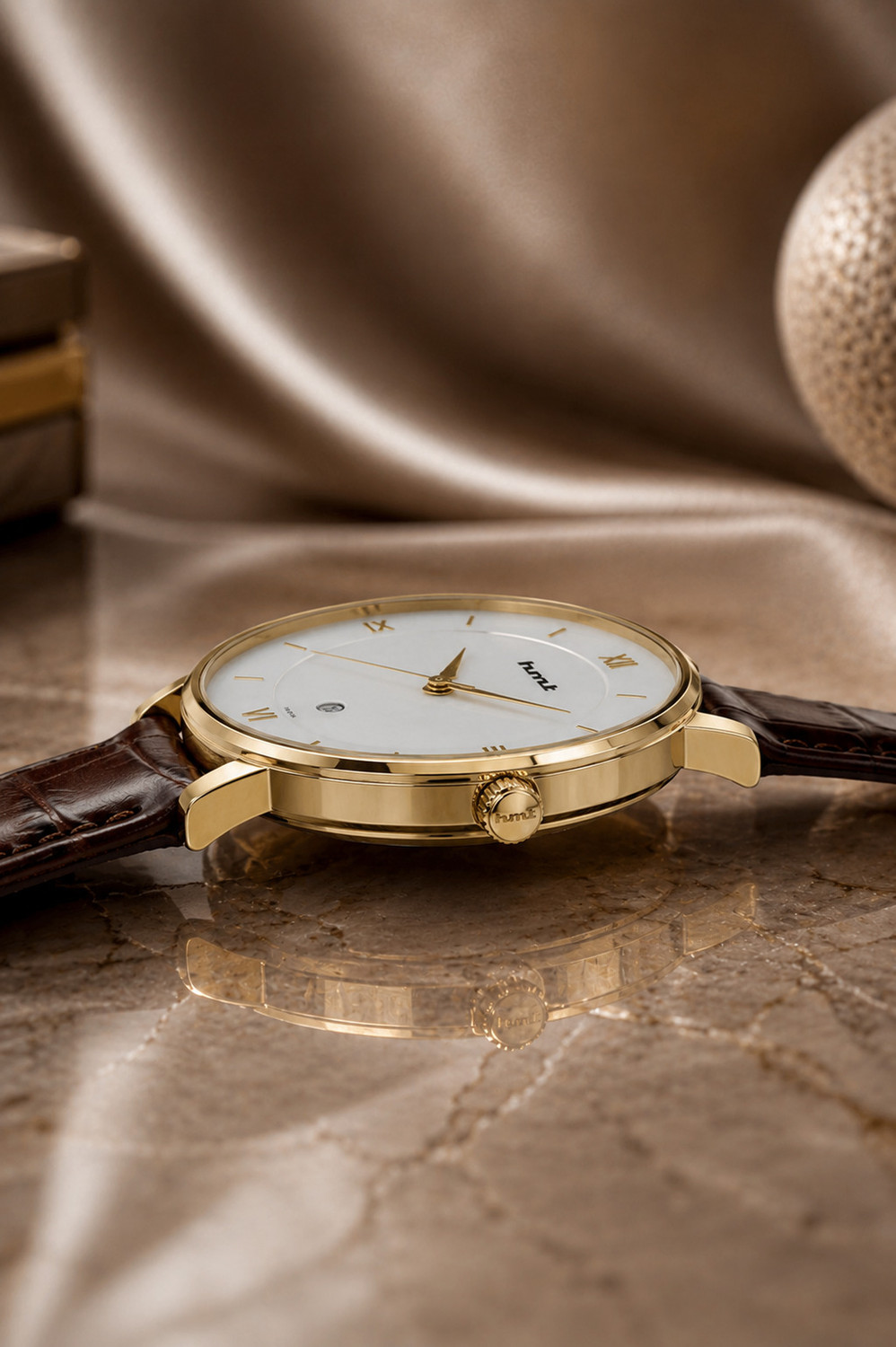 Image of Hmt watches HMT Clasic Watches Classic White dial Gold Case Brown Belt with Date Display Analog Watch - For Men & Women