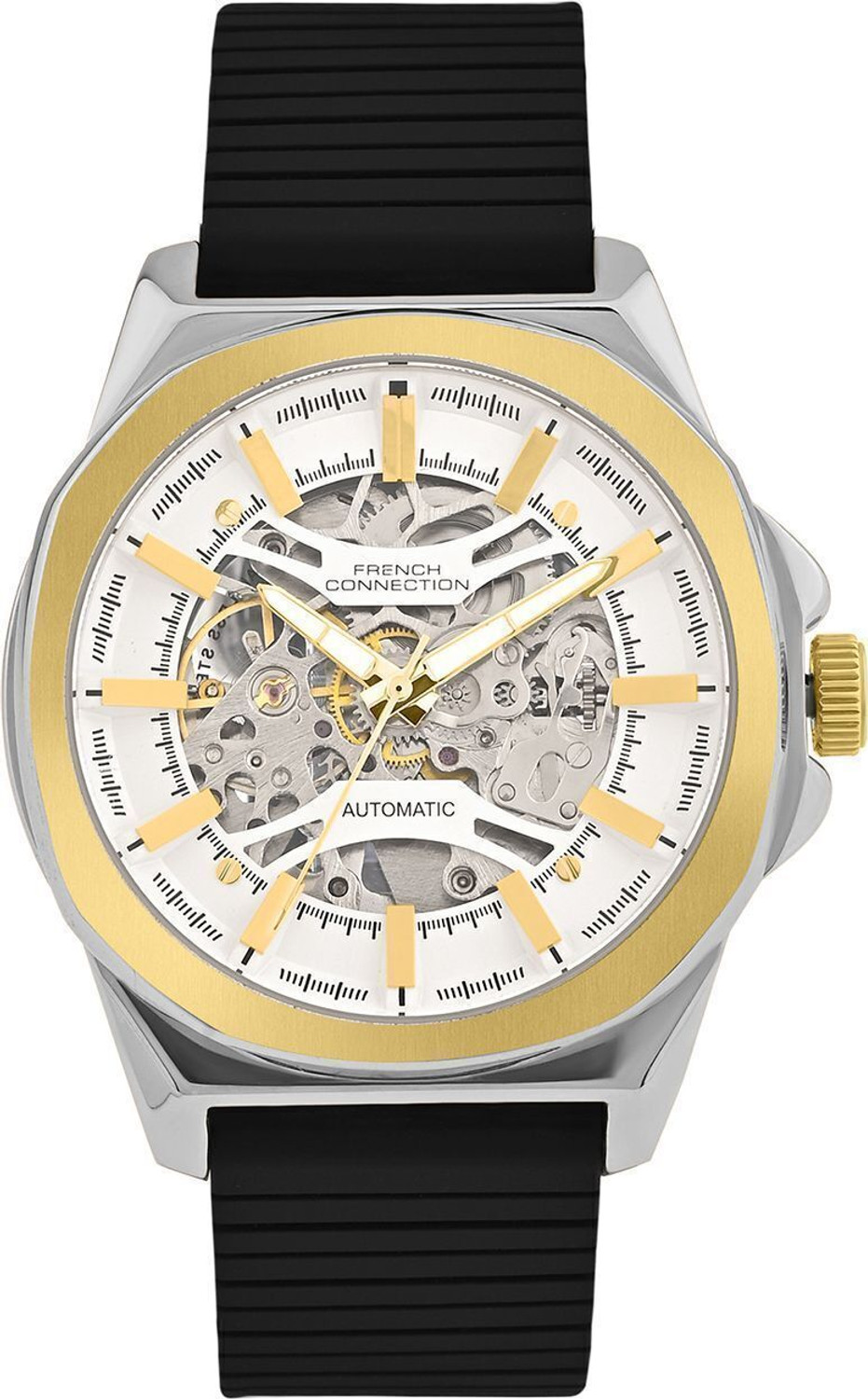 Image of French Connection Mechalume MECHALUME See Through Silver Round Dial | Men's Black Automatic Watch Analog Watch - For Men