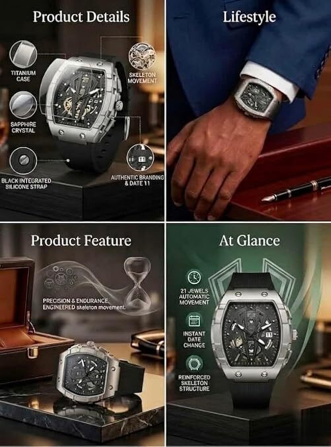 Image of Fanish fashion Men's Square Analog Watch | Skeleton Printed Dial | Quartz Movement | Casual New 2026 Classic Style Men's Watch Quartz Silicone Strap Watch Analog Watch - For Men