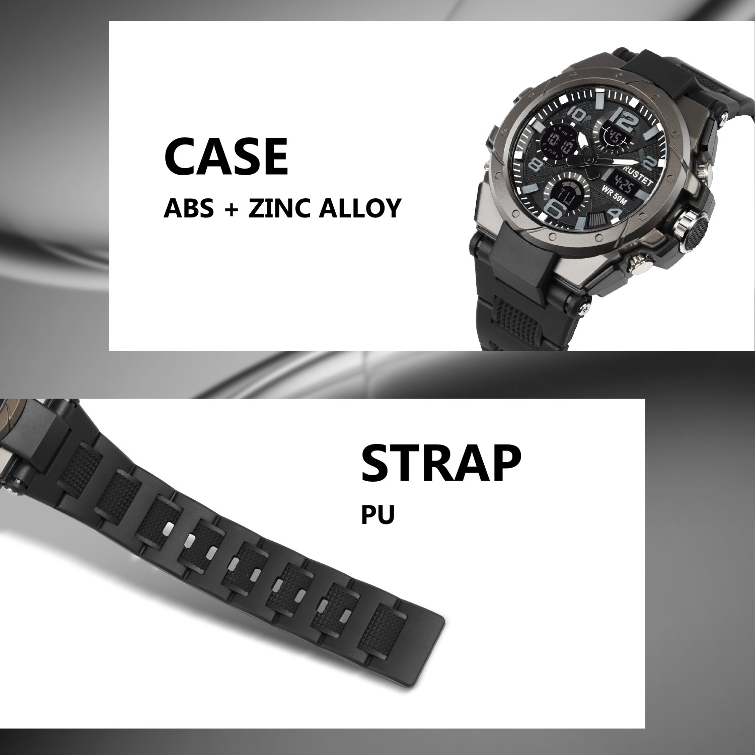 Image of RUSTET 2145 50m Waterproof Dual-Time Multifunctions 12H / 24H Format Analog-Digital Watch - For Men