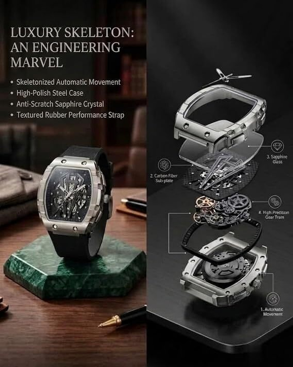 Image of Fanish fashion Men's Square Analog Watch | Skeleton Printed Dial | Quartz Movement | Casual New 2026 Classic Style Men's Watch Quartz Silicone Strap Watch Analog Watch - For Men
