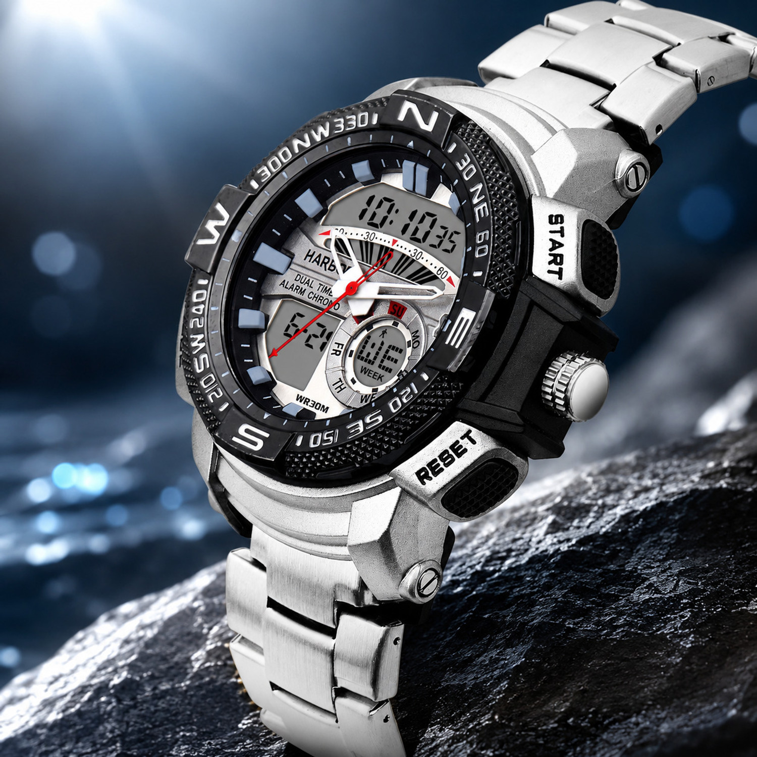 Image of Harbor H 1007 Steel Dual Time Analog Digital Men's Watch Stainless Steel Sports Style Analog-Digital Watch - For Men