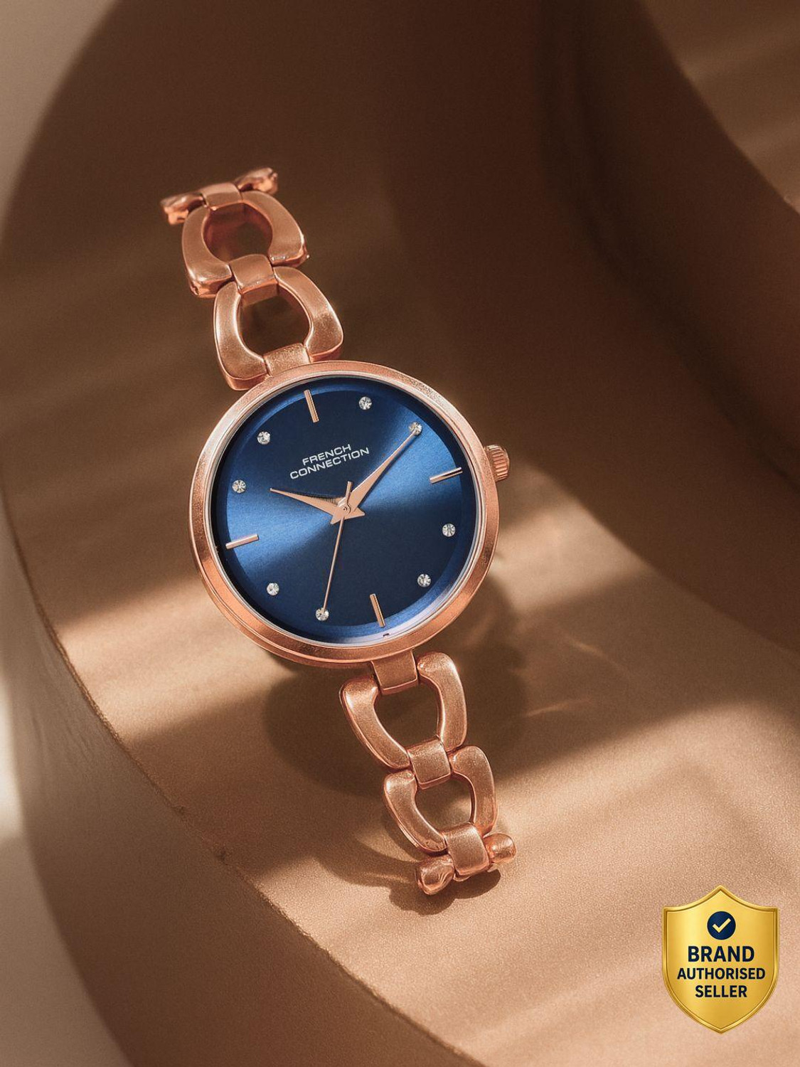 Image of French Connection Rhinestones Blue Sunray Dial | Women's Rose Gold Analog Watch Analog Watch - For Women