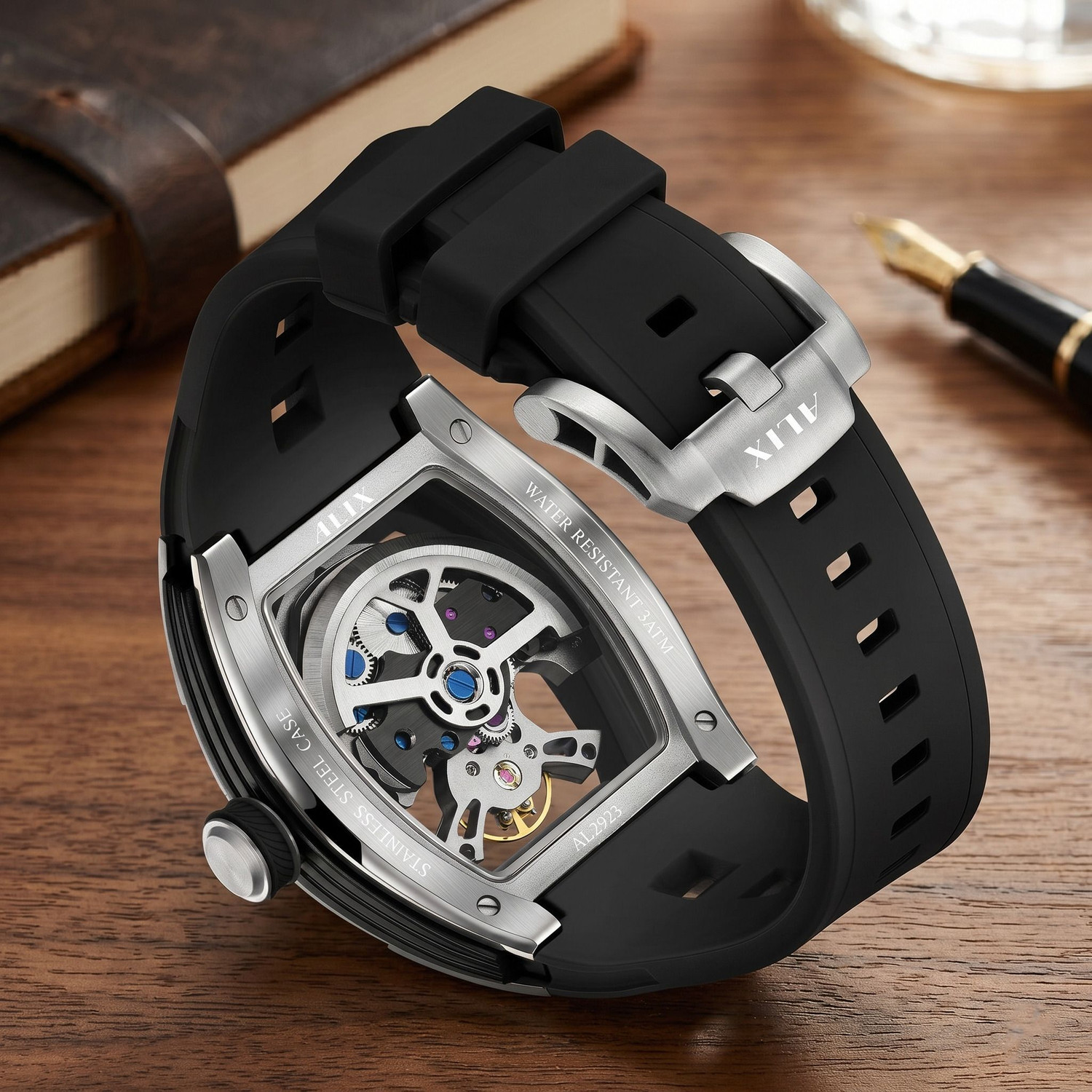 Image of Alix AL2923 Tourbillon Automatic Silver Tonneau skeleton dial with steel case Analog Watch - For Men