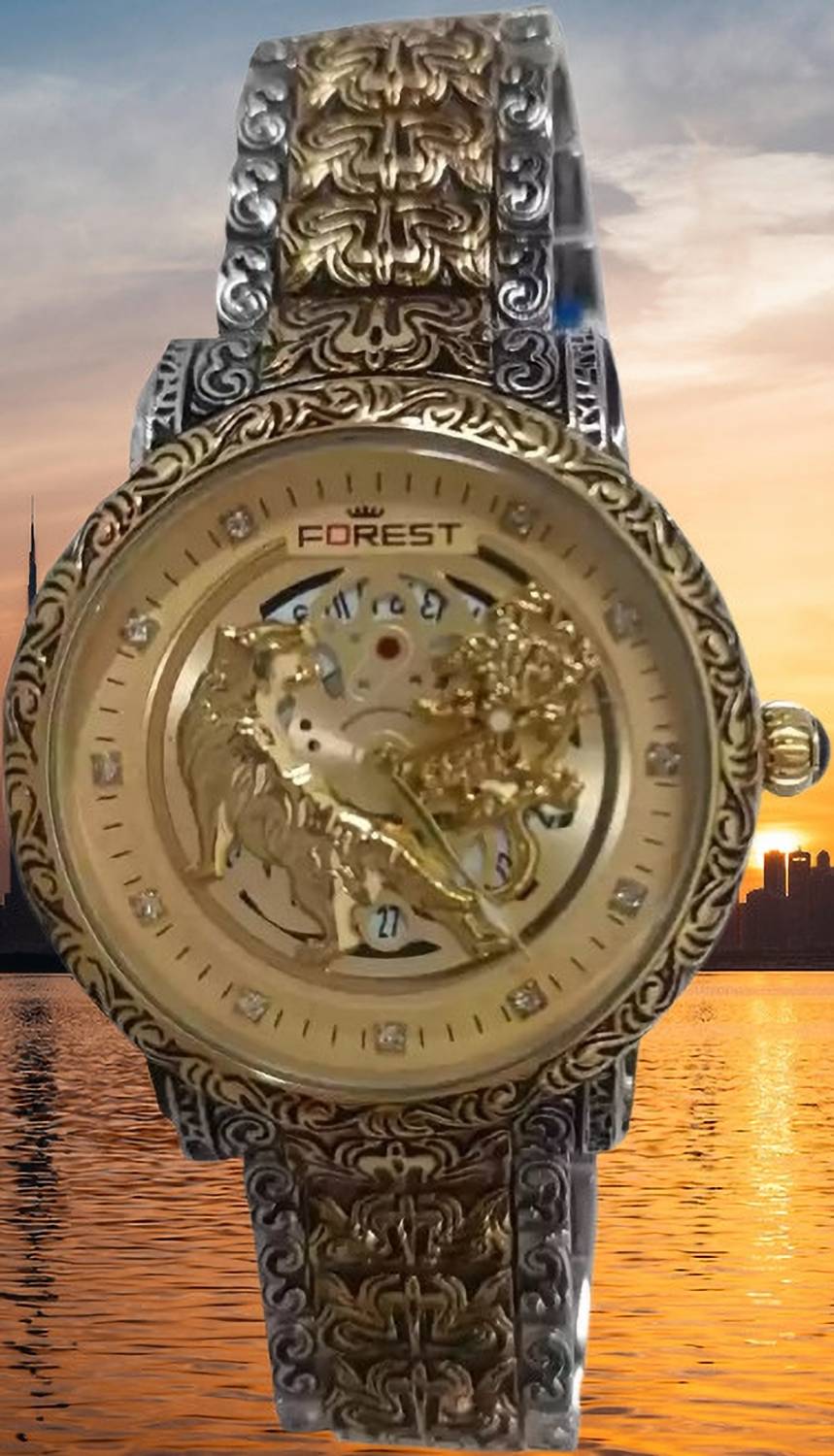 ELEVATE Antique luxury lion FOREST curved golden dial bracelet